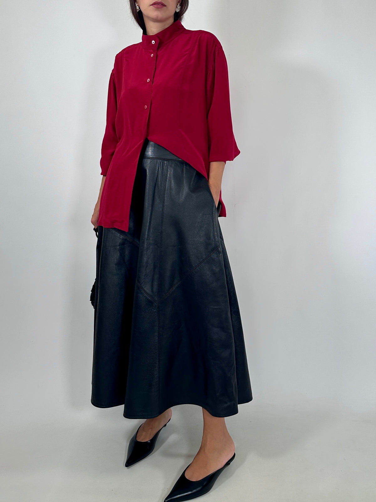 Red Silk Mandarin Collar Shirt