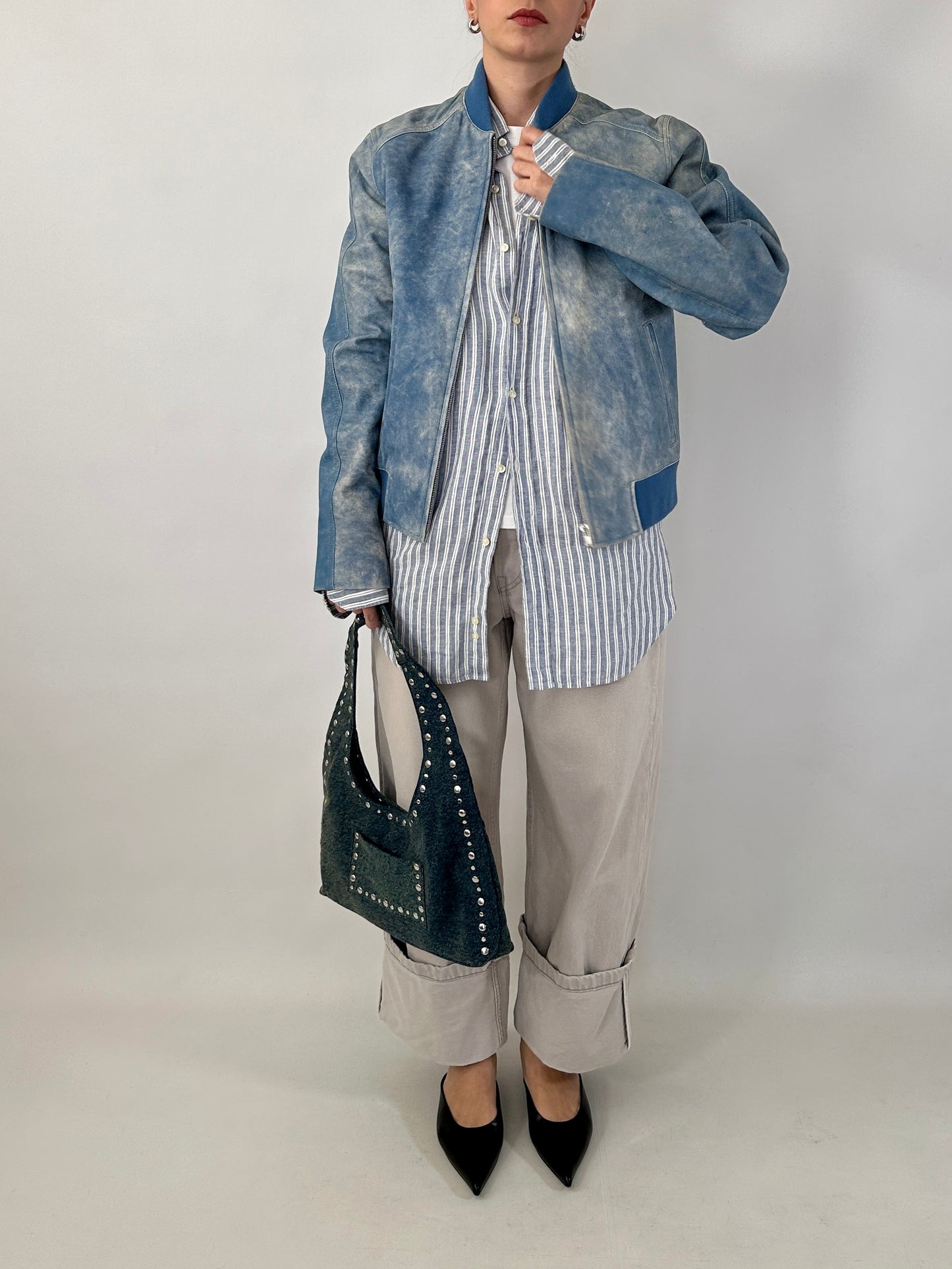 Hugo Boss bomber in distressed sky blue lamb leather