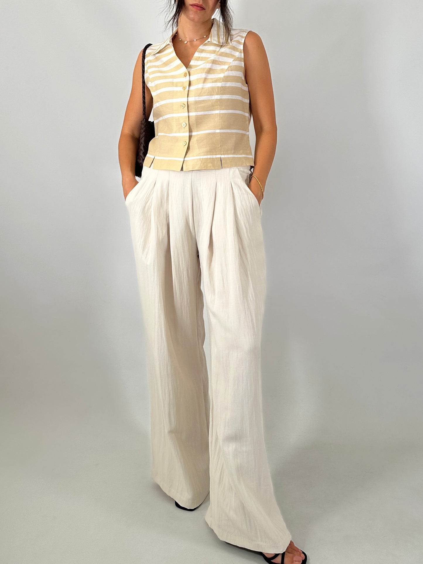 Striped linen blend crop shirt