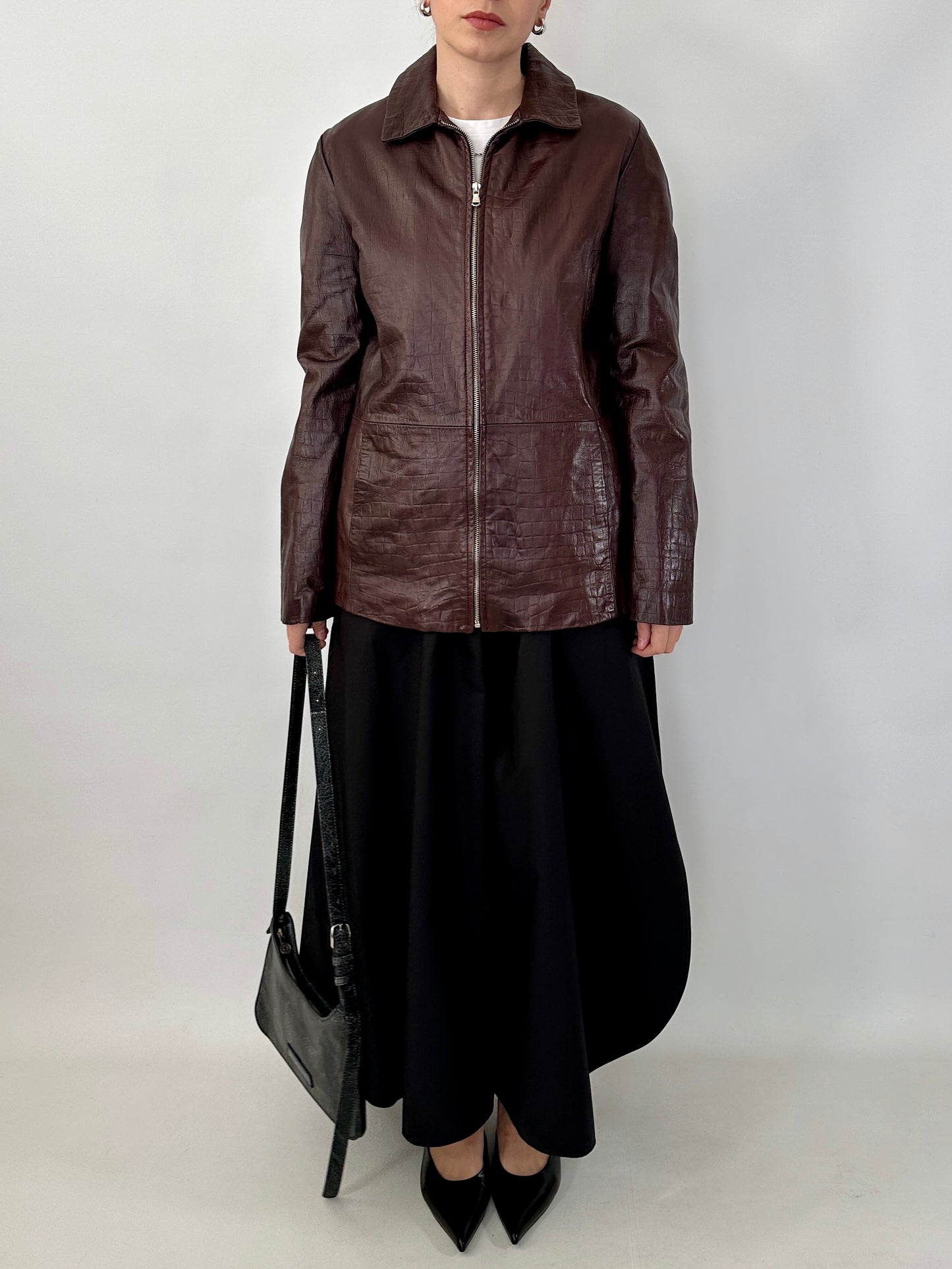 Brown croc-print genuine leather jacket