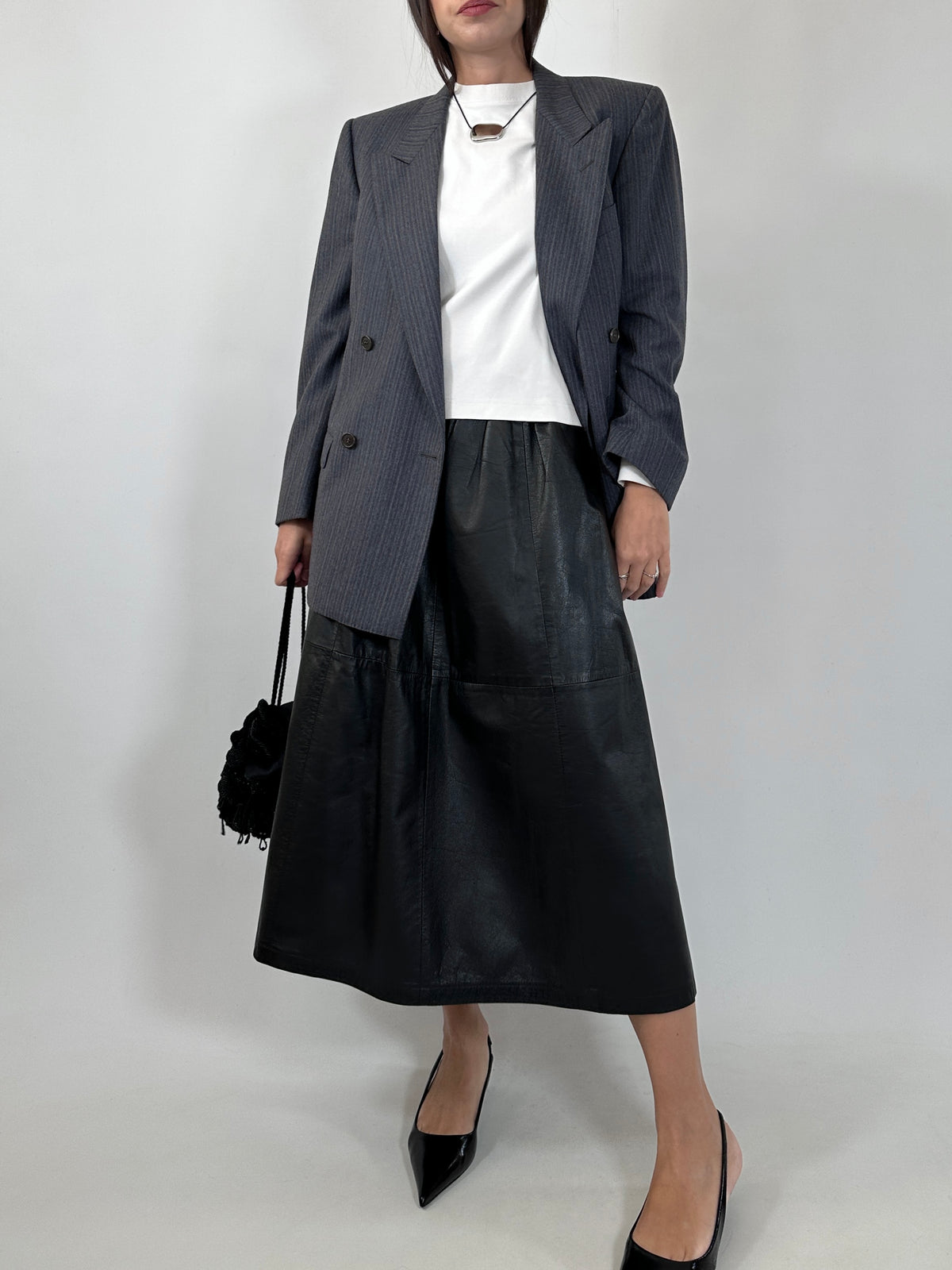 Vintage Black Leather Midi Skirt
