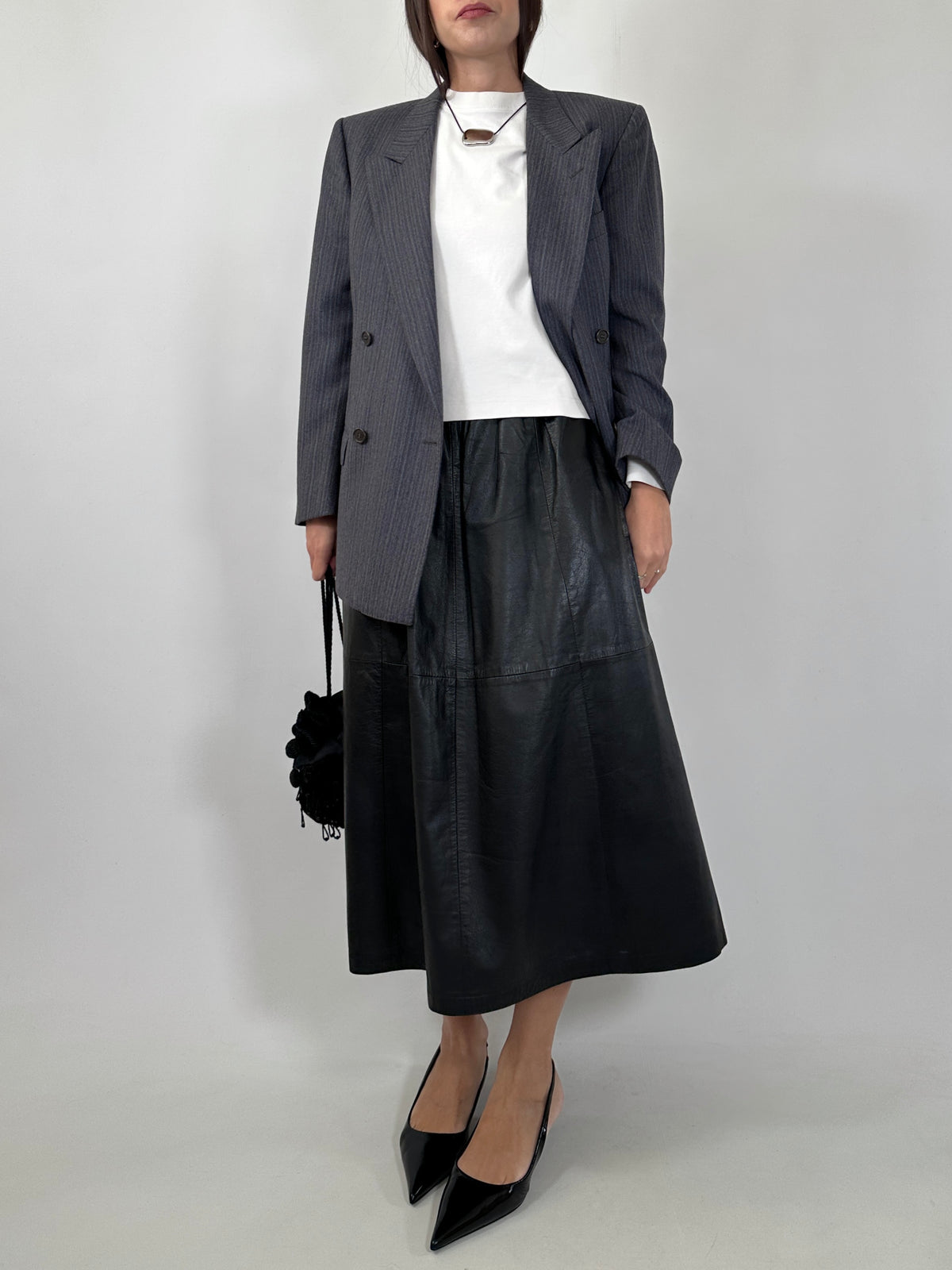 Vintage Black Leather Midi Skirt