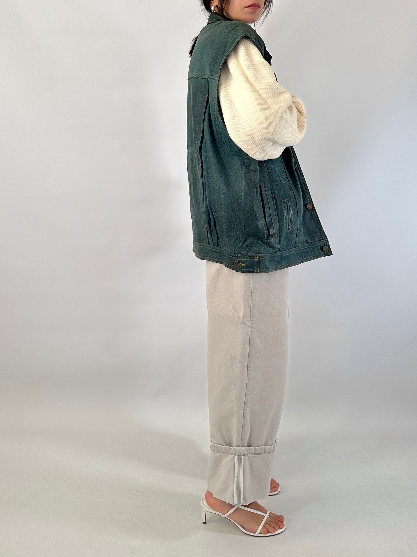 Genuine leather vest denim effect