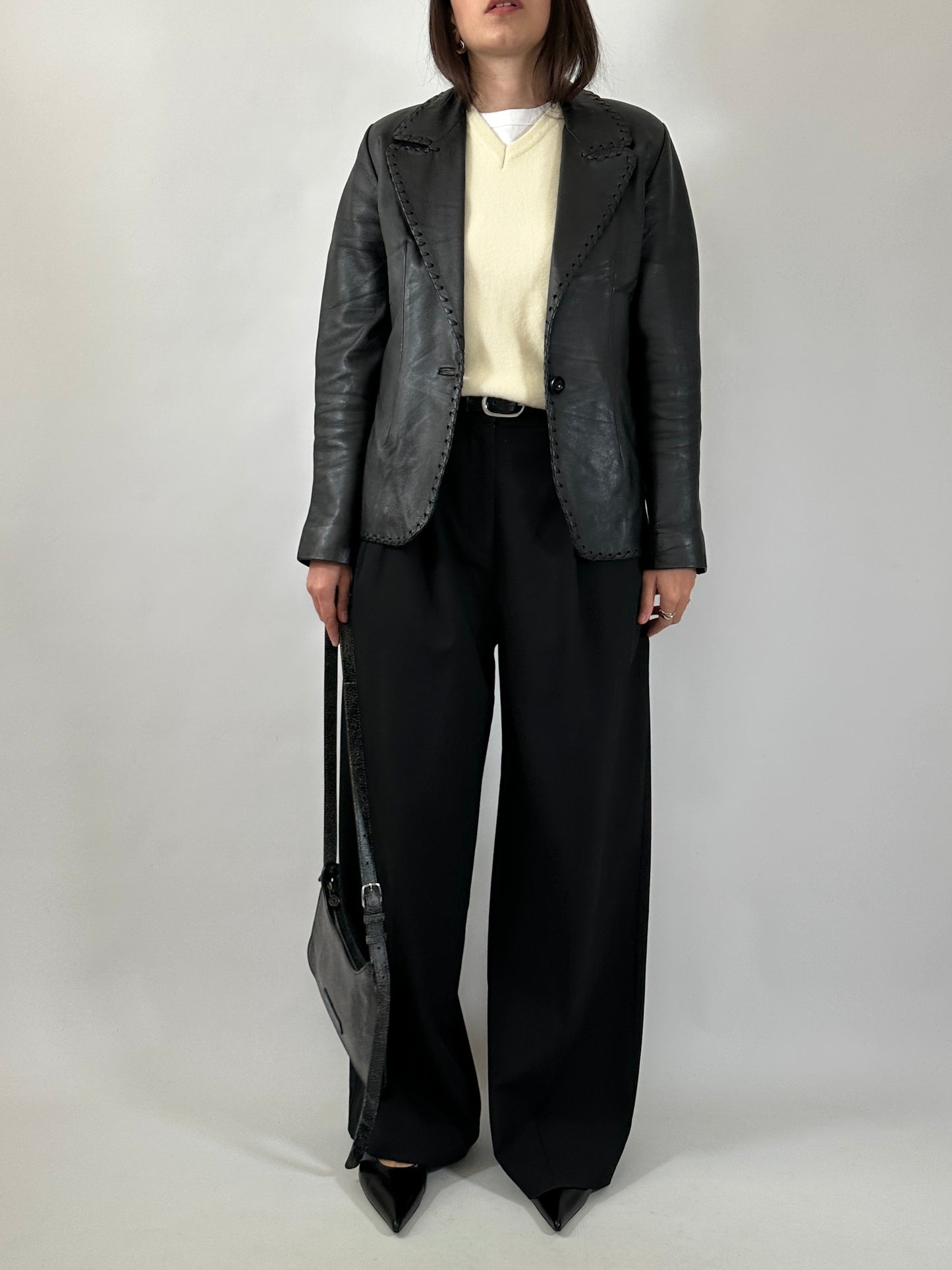 Vintage Stitched Slim Leather Blazer