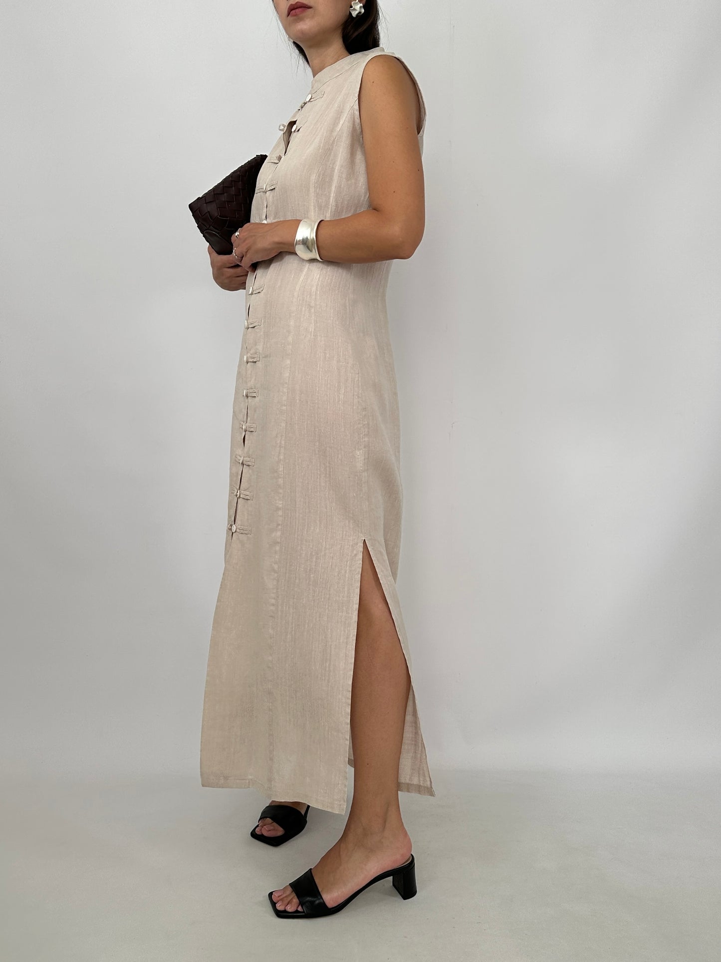 Pure Linen Mandarin Midi Dress