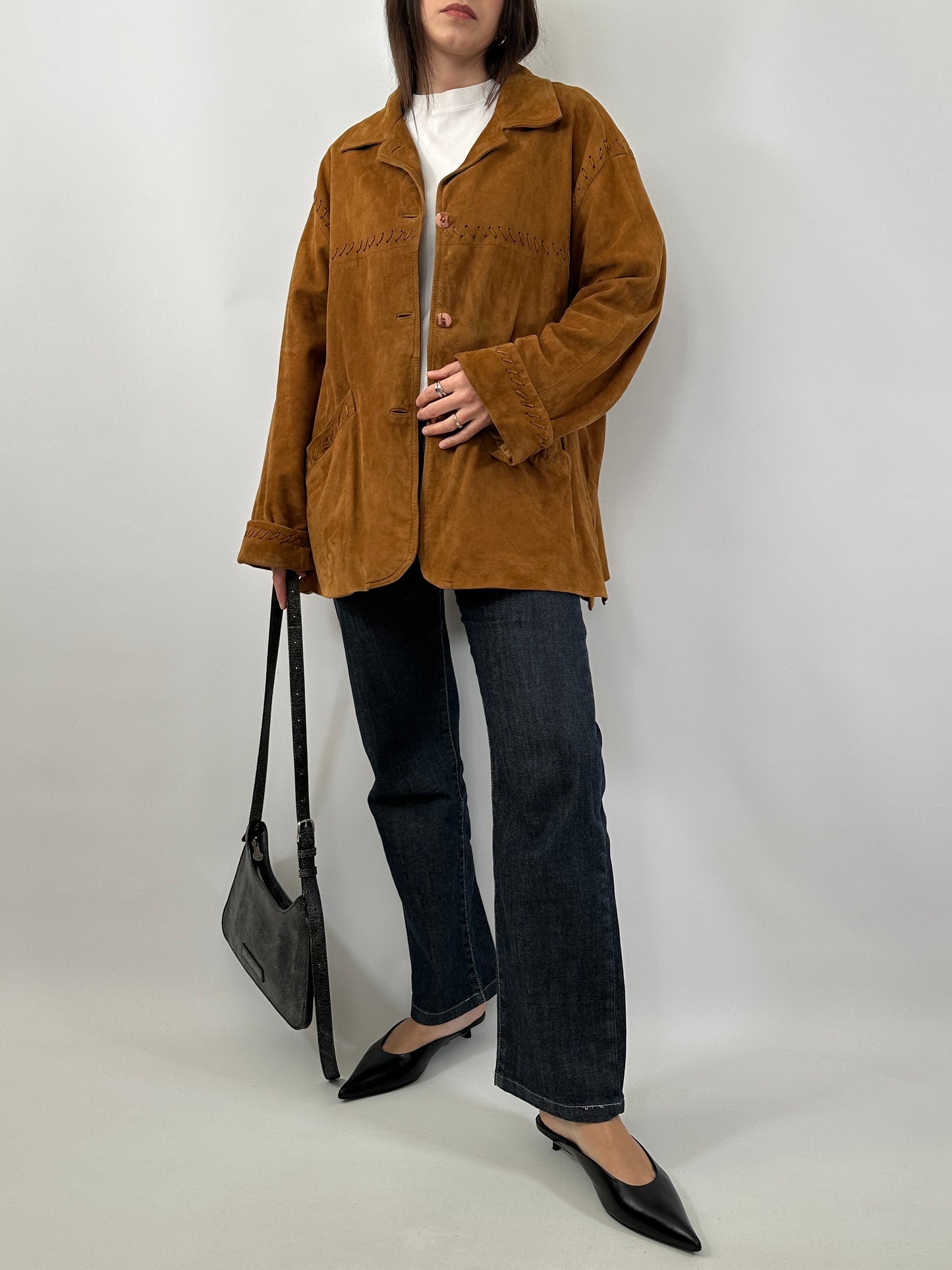 Vintage Suede Jacket with Cross-Stitch Details