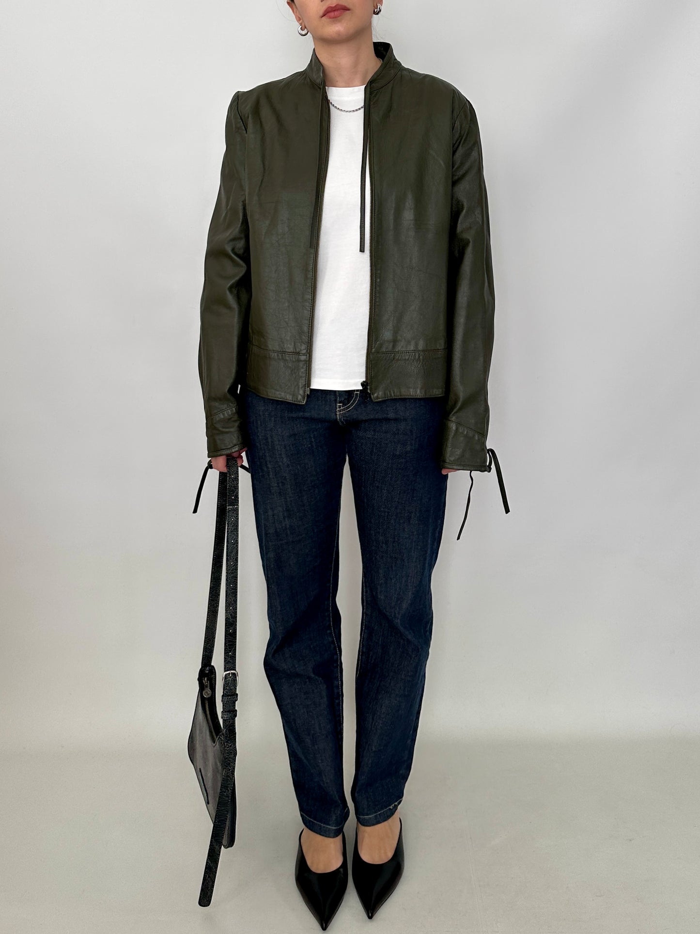 Bow detail vintage green leather jacket