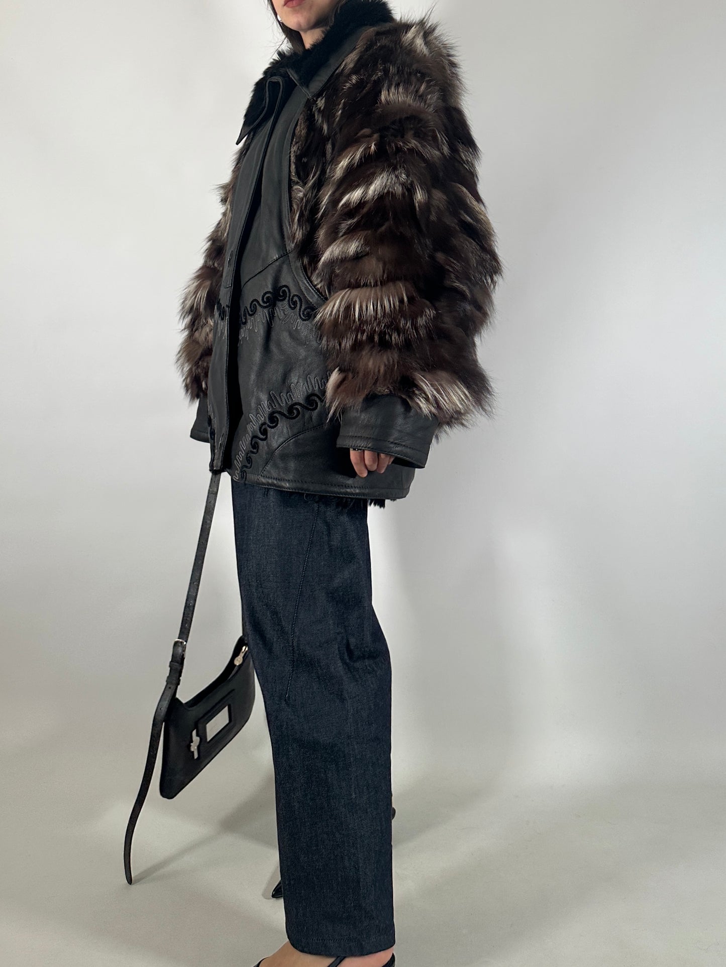 Embroidered Shearling Jacket with Fur Sleeves
