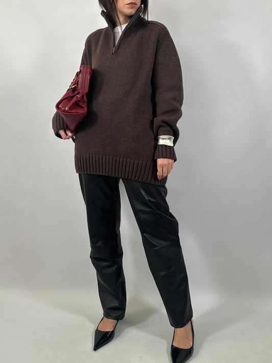 Brown Wool Half-Zip Sweater