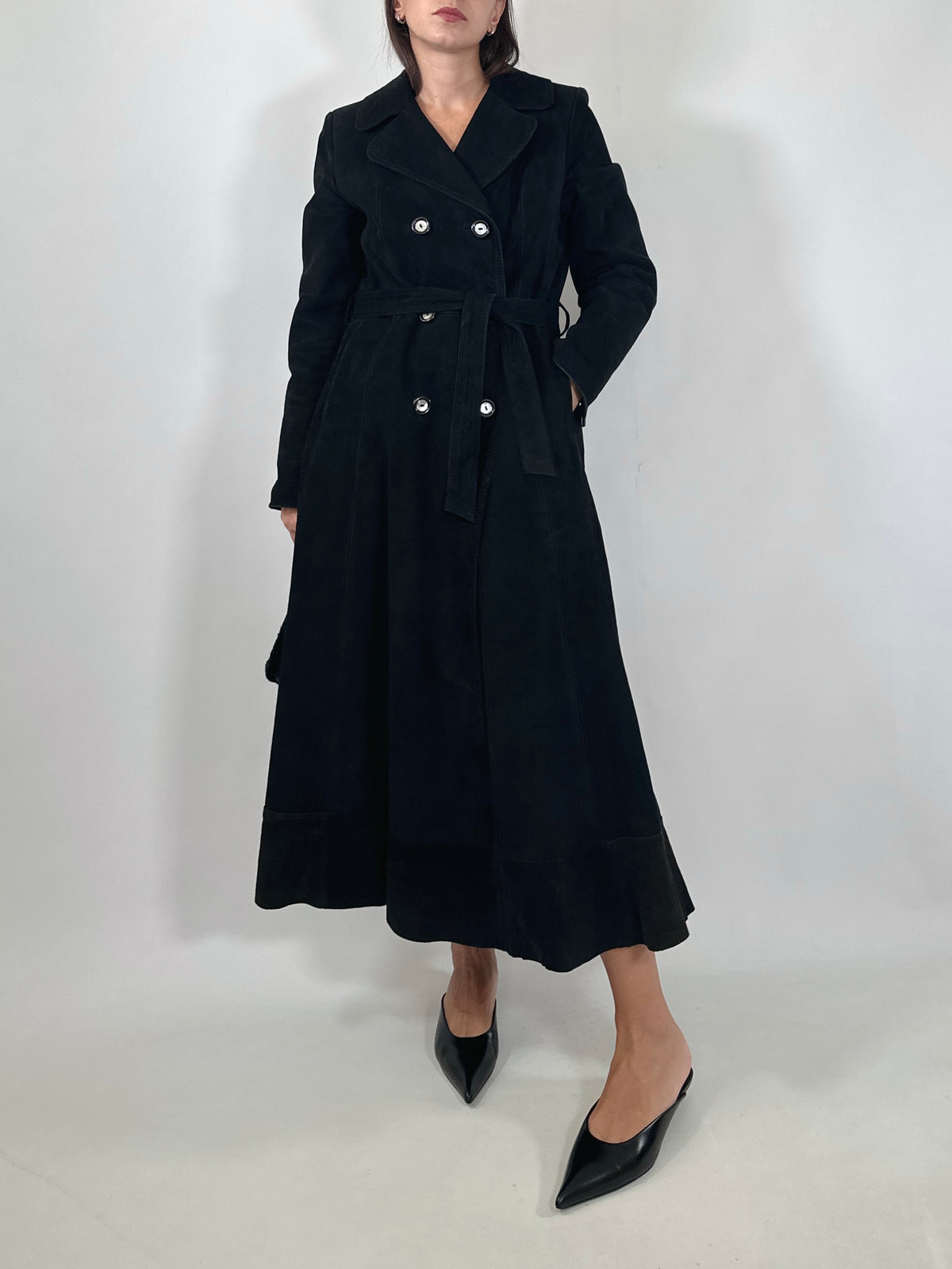 Suede Leather Belted Trench Coat