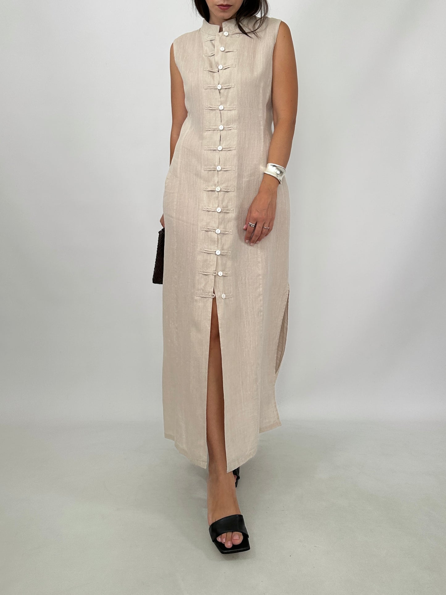 Pure Linen Mandarin Midi Dress