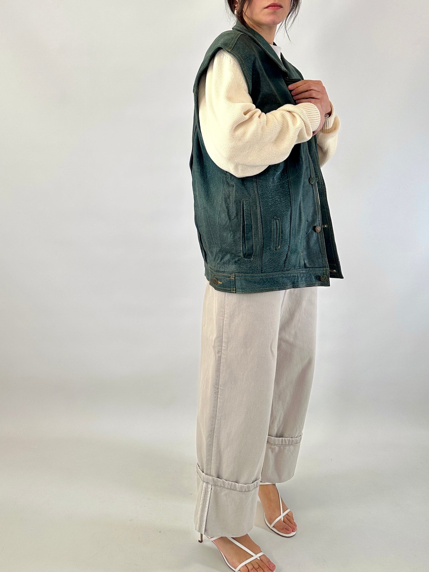 Genuine leather vest denim effect