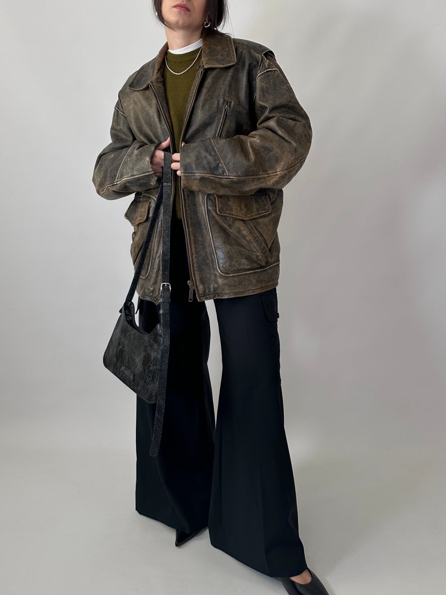 Oversized aviator jacket in distressed real leather