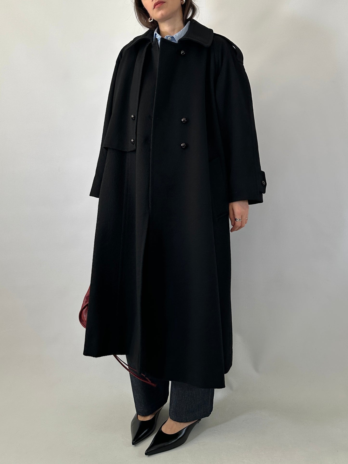 Vintage black wool coat with cape detail