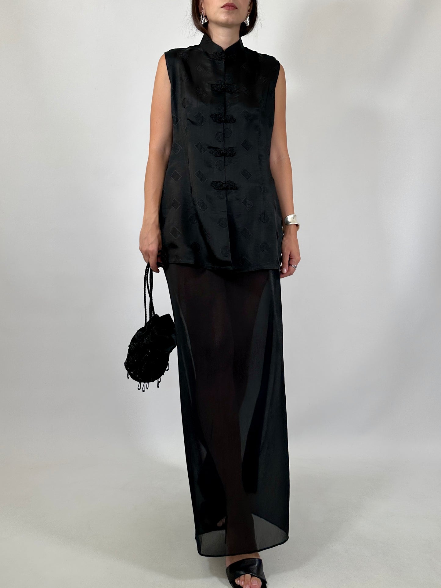 Black Silk Jacquard Frog Closure Blouse