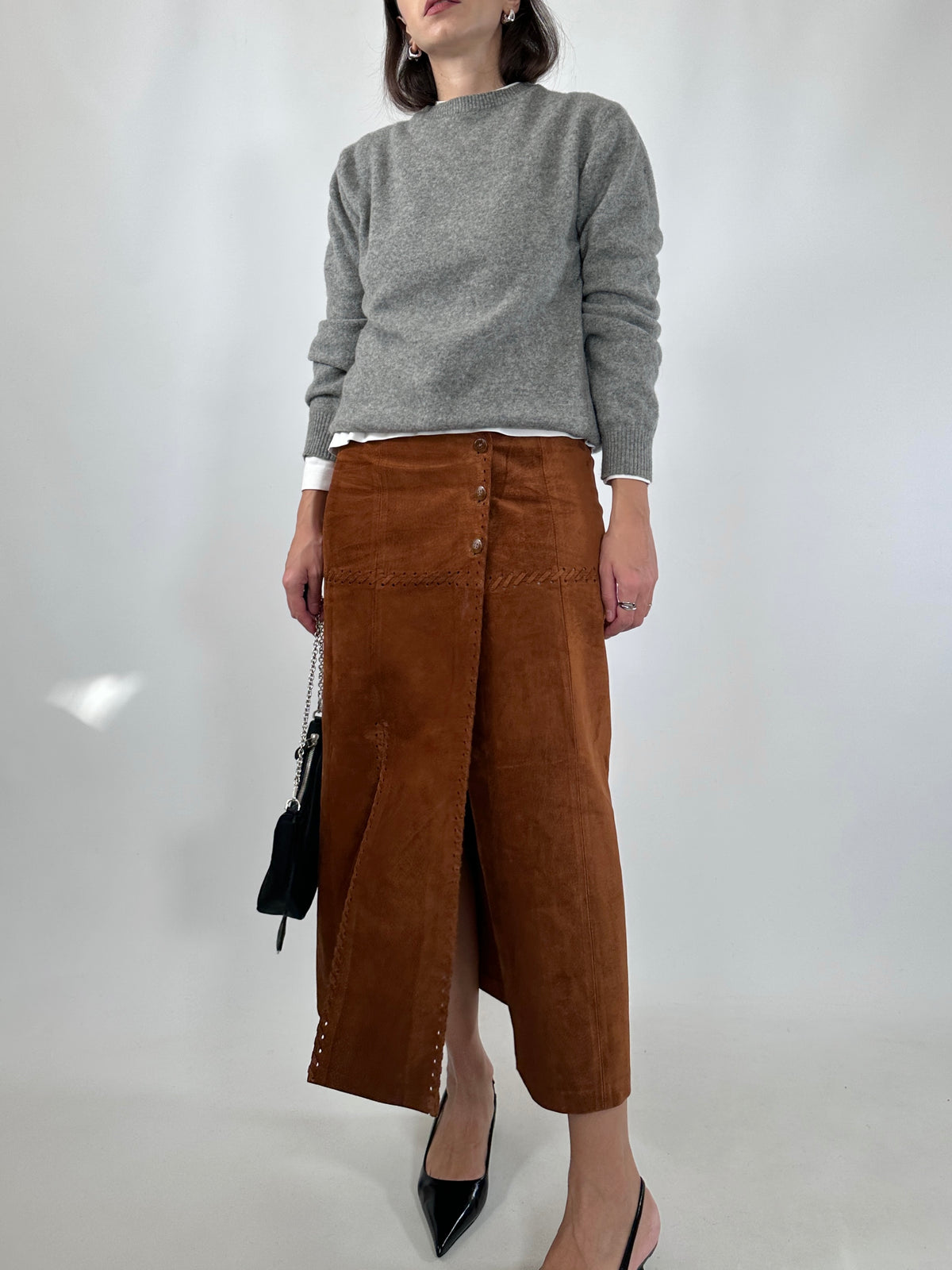 Suede Double Slit Midi Skirt