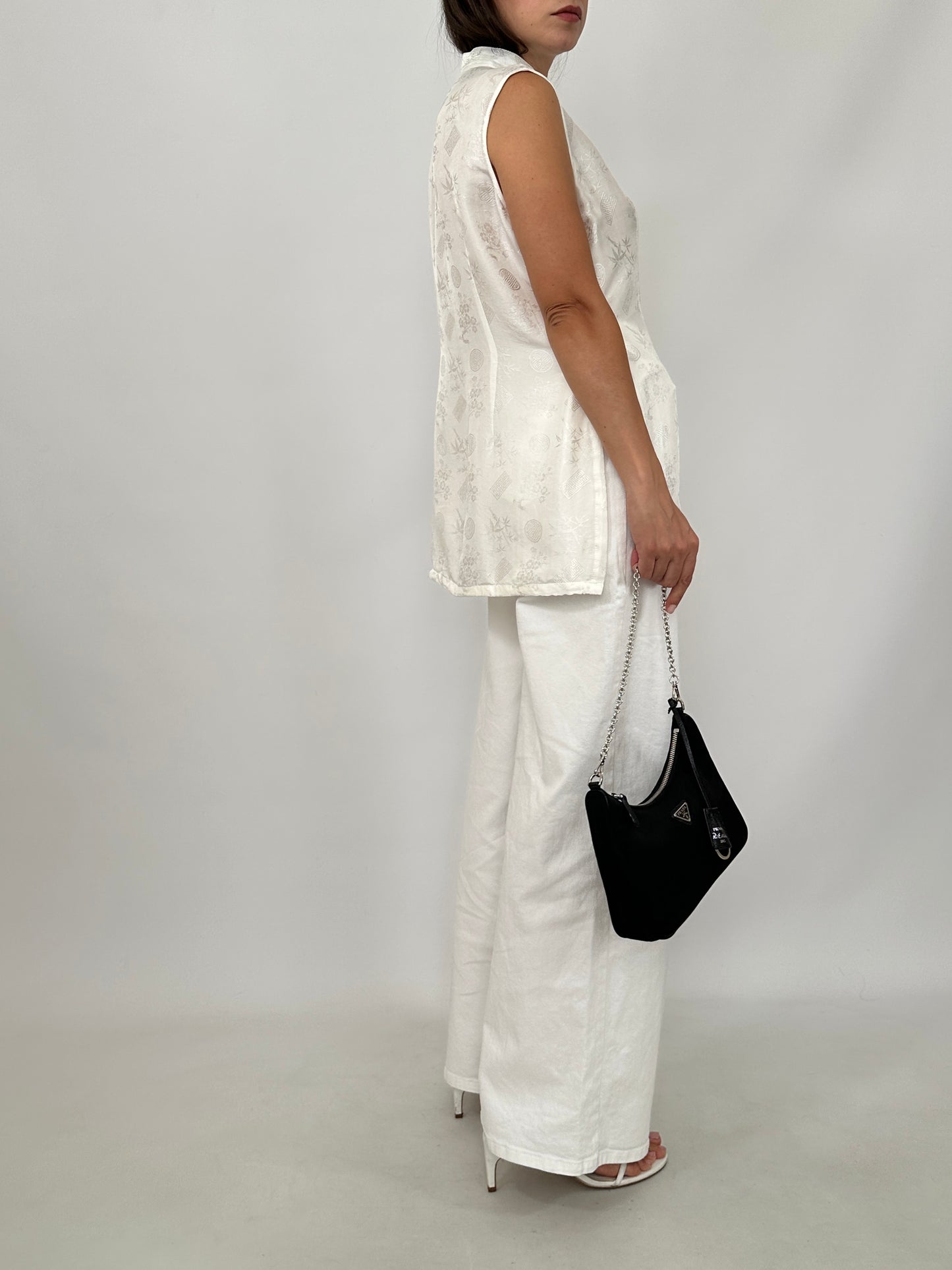 White Silk Jacquard Frog Closure Blouse
