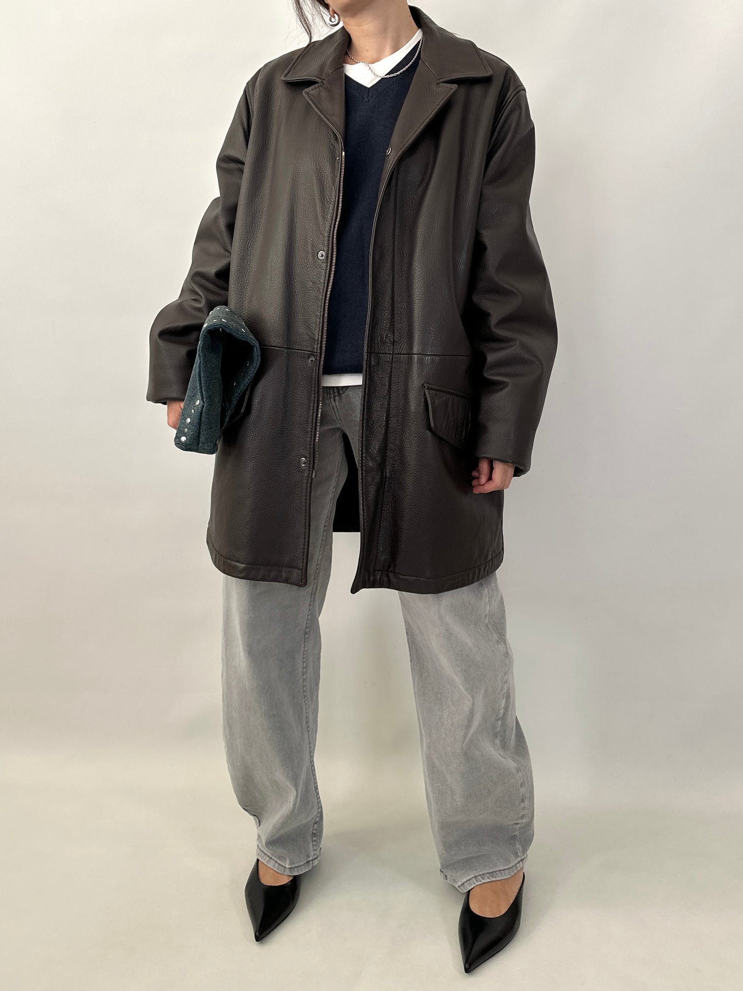 Grained lamb leather brown coat