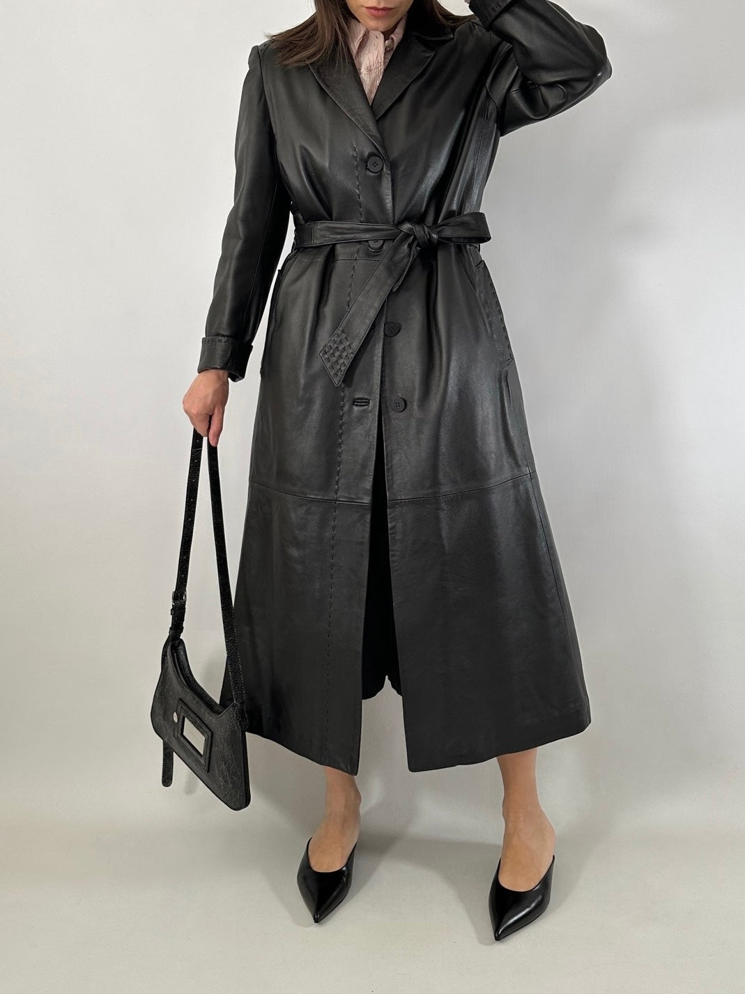 Extra-long nappa leather vintage trench coat
