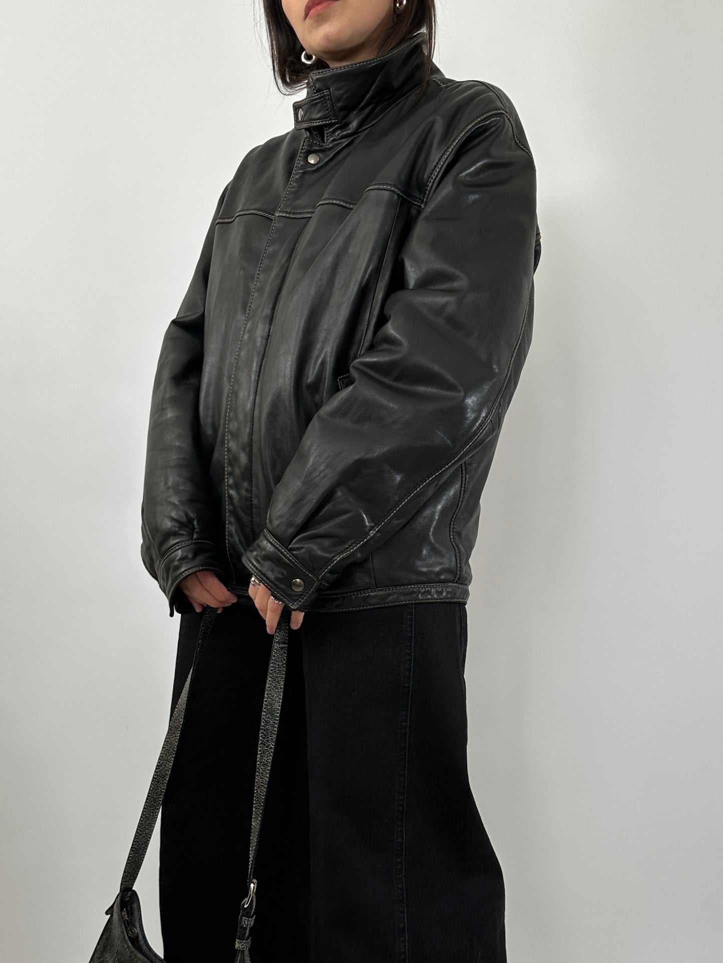Vintage Leather Jacket with Stand Collar and Contrast Stitching