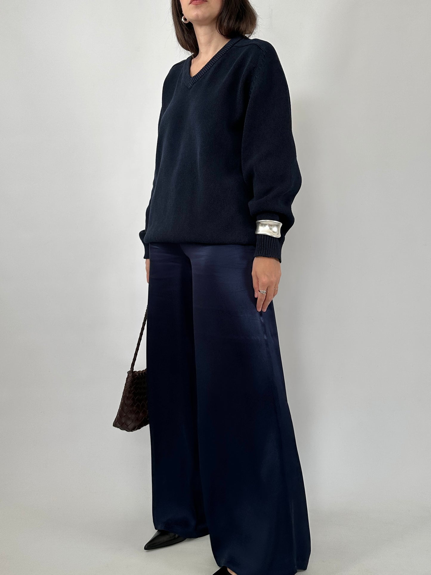 Navy Cotton V-Neck Sweater