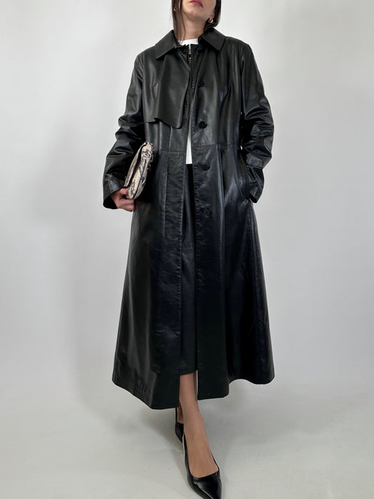 Vintage Black Leather Trench Coat