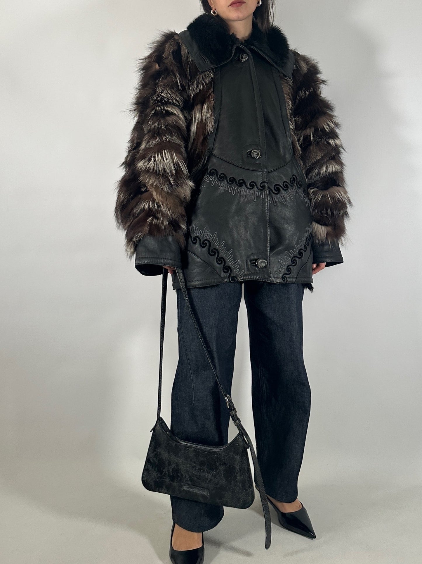Embroidered Shearling Jacket with Fur Sleeves
