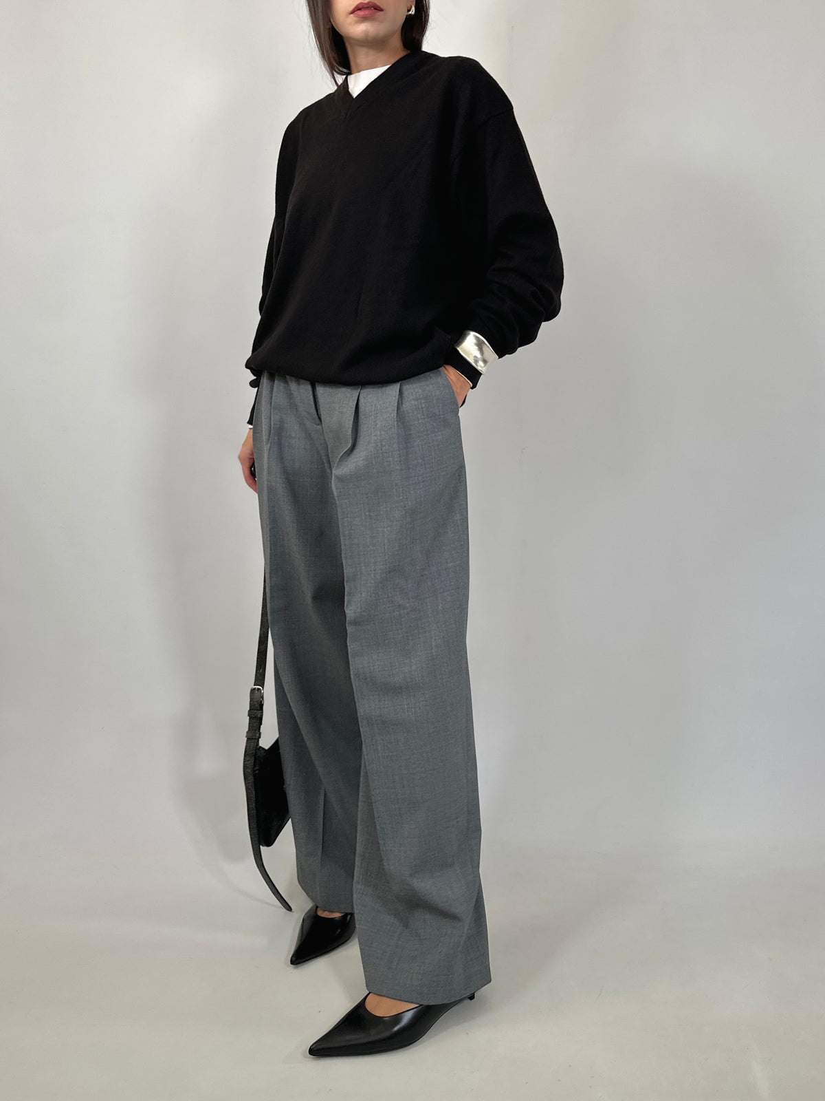 Black Fine Wool V-Neck Sweater