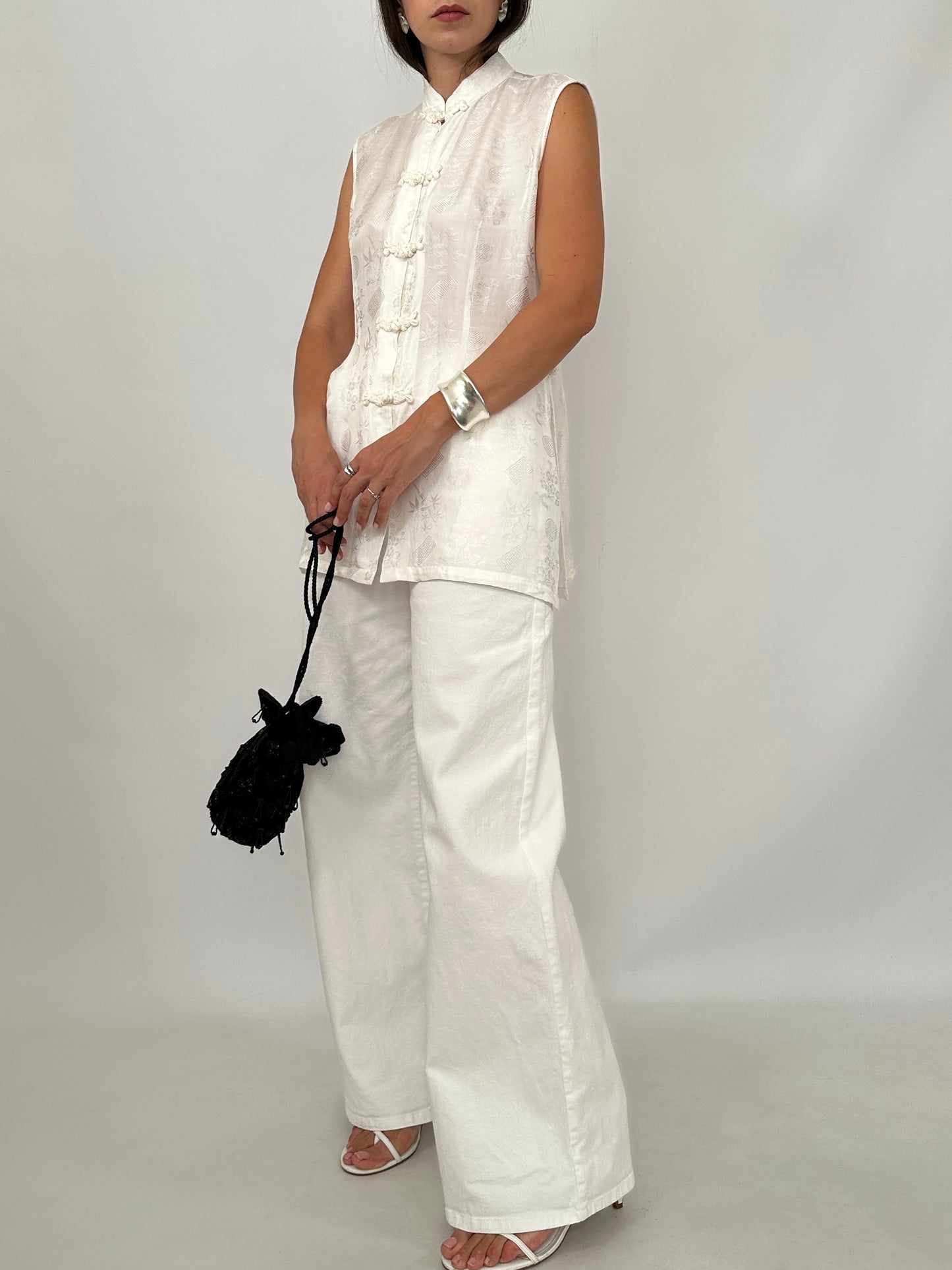 White Silk Jacquard Frog Closure Blouse