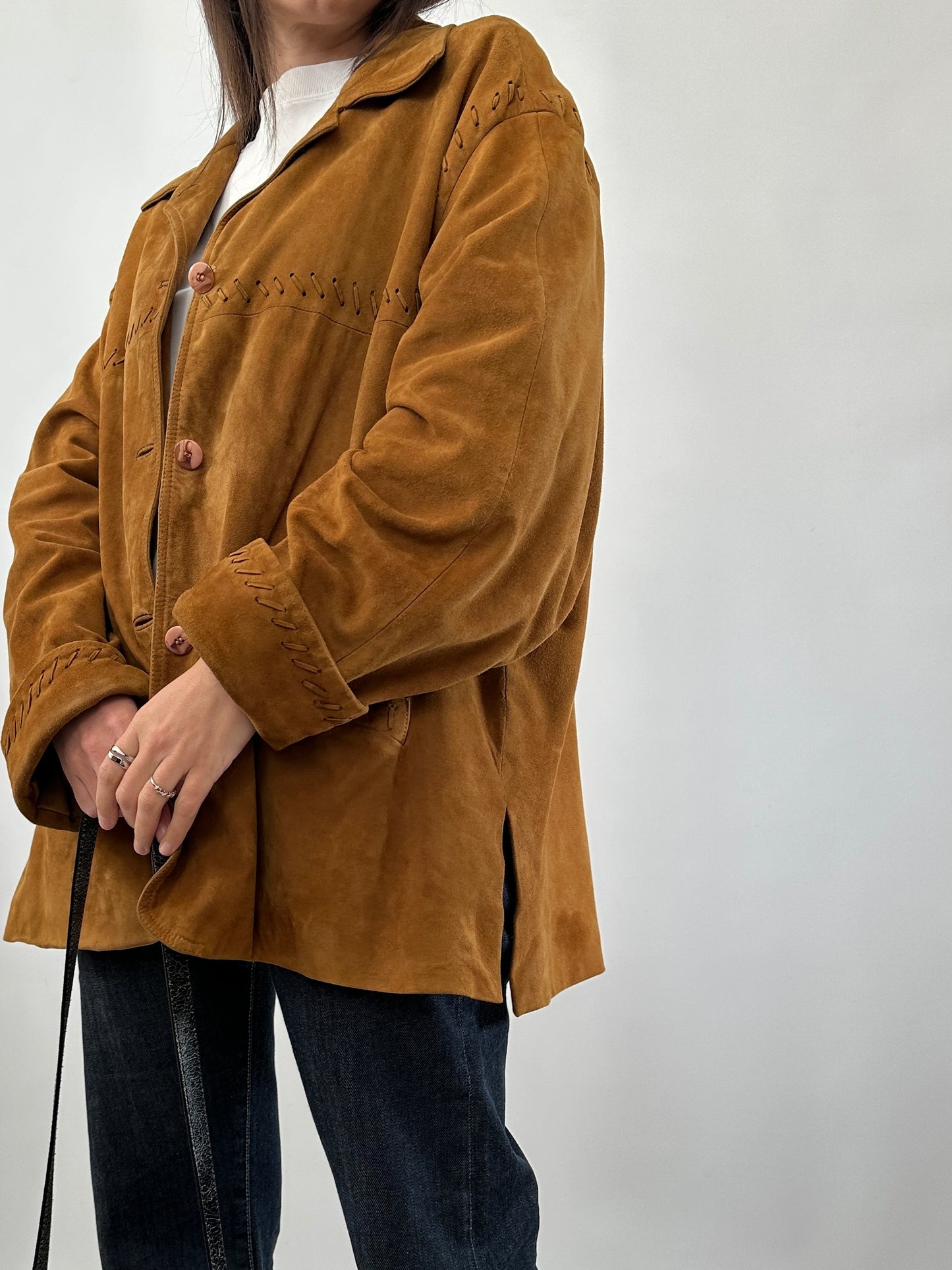 Vintage Suede Jacket with Cross-Stitch Details