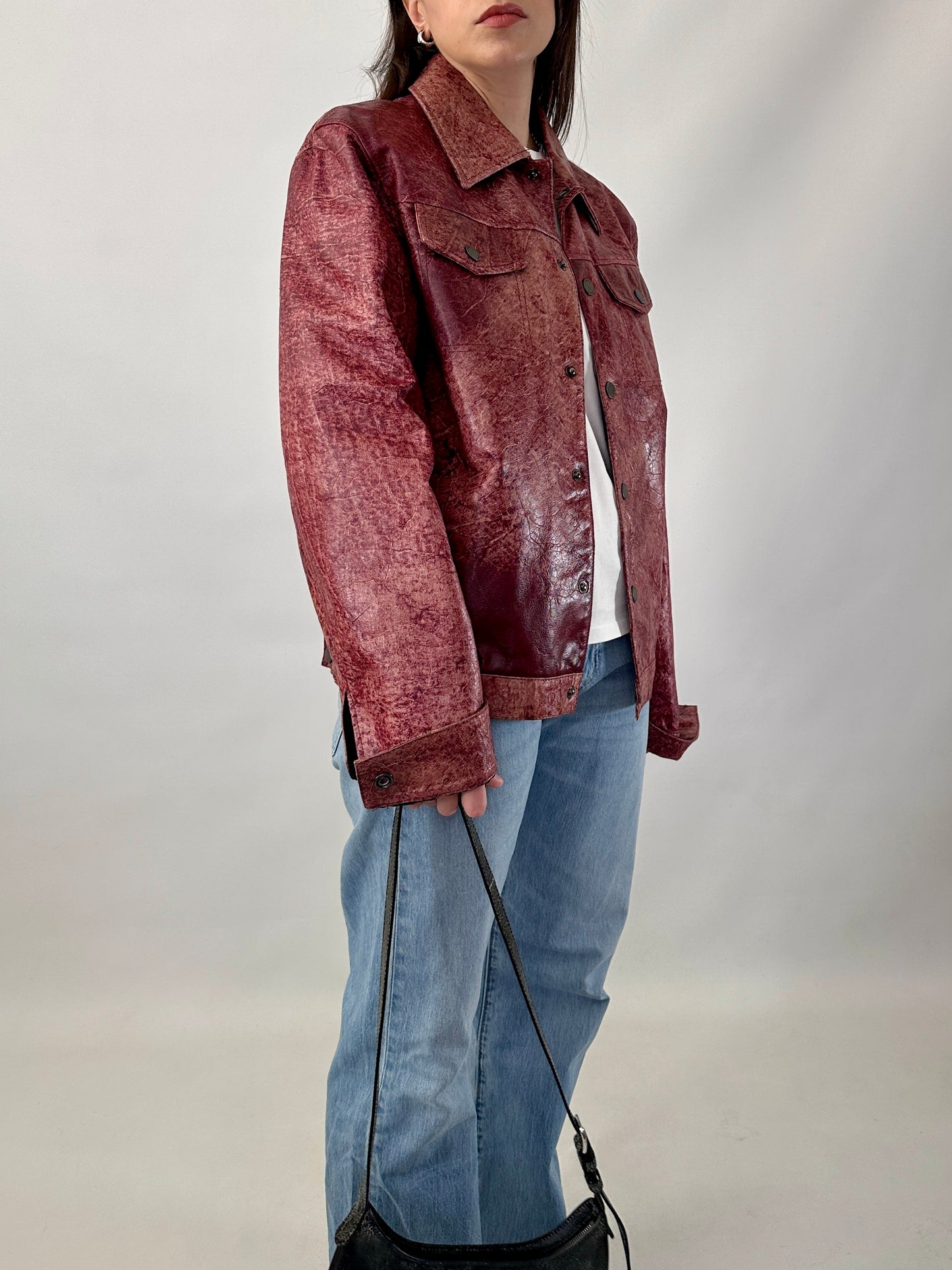 Red marble leather trucker jacket