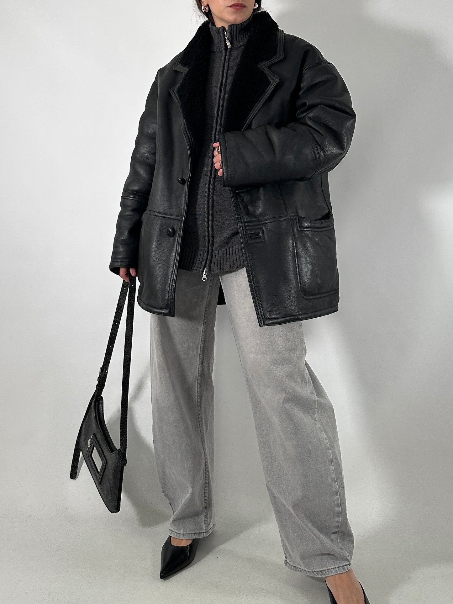 Vintage black shearling coat