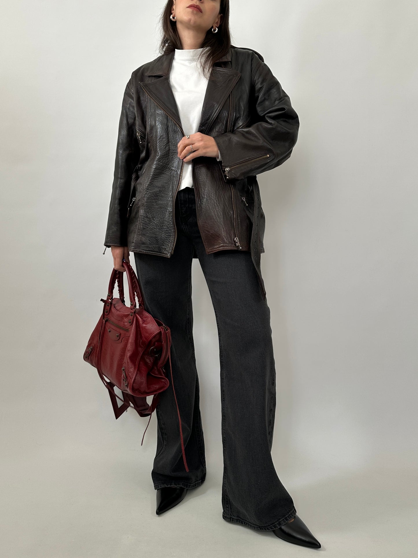 Vintage Dark Brown Leather Belted Jacket