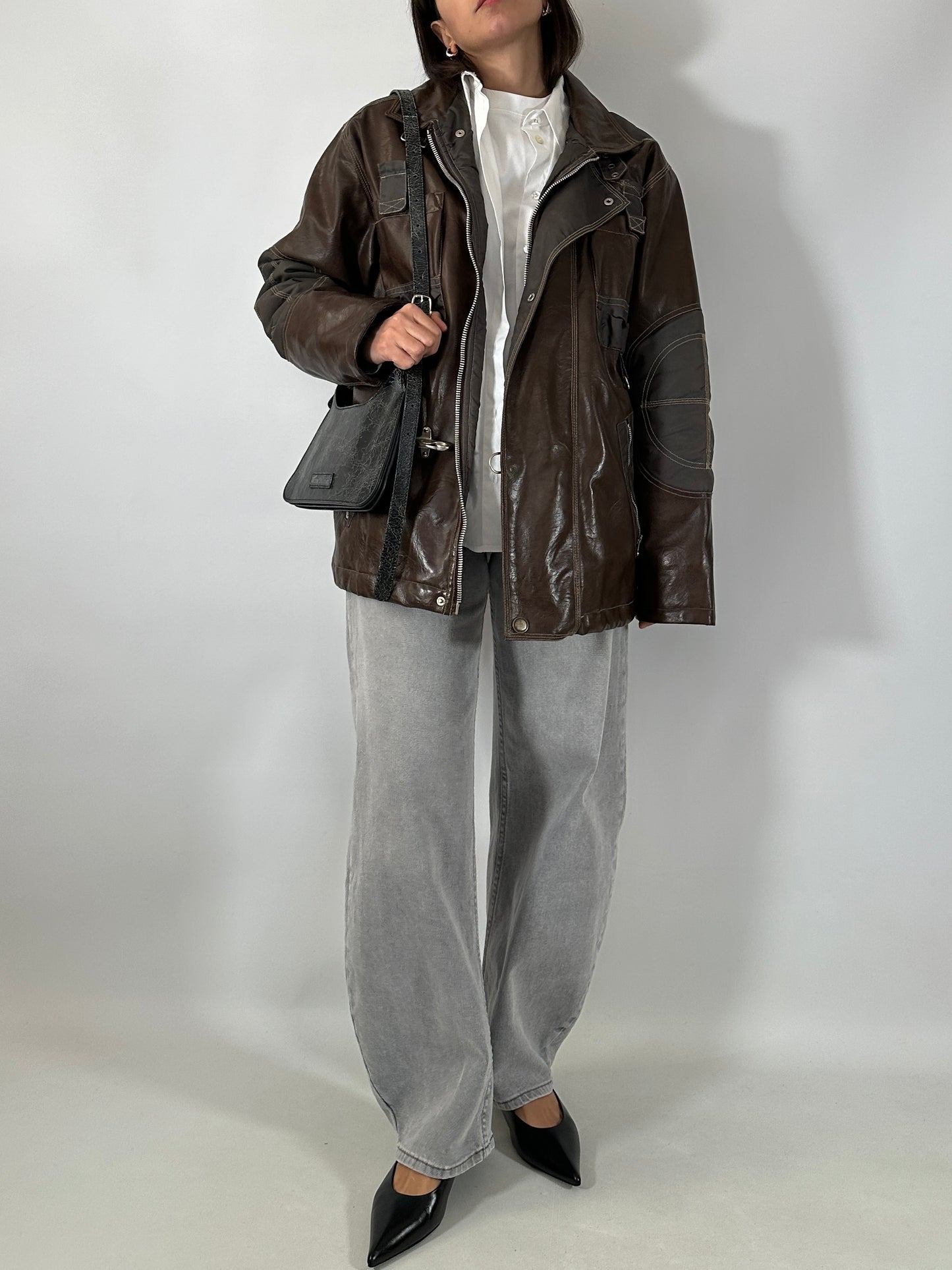 Vintage utility leather and nylon jacket