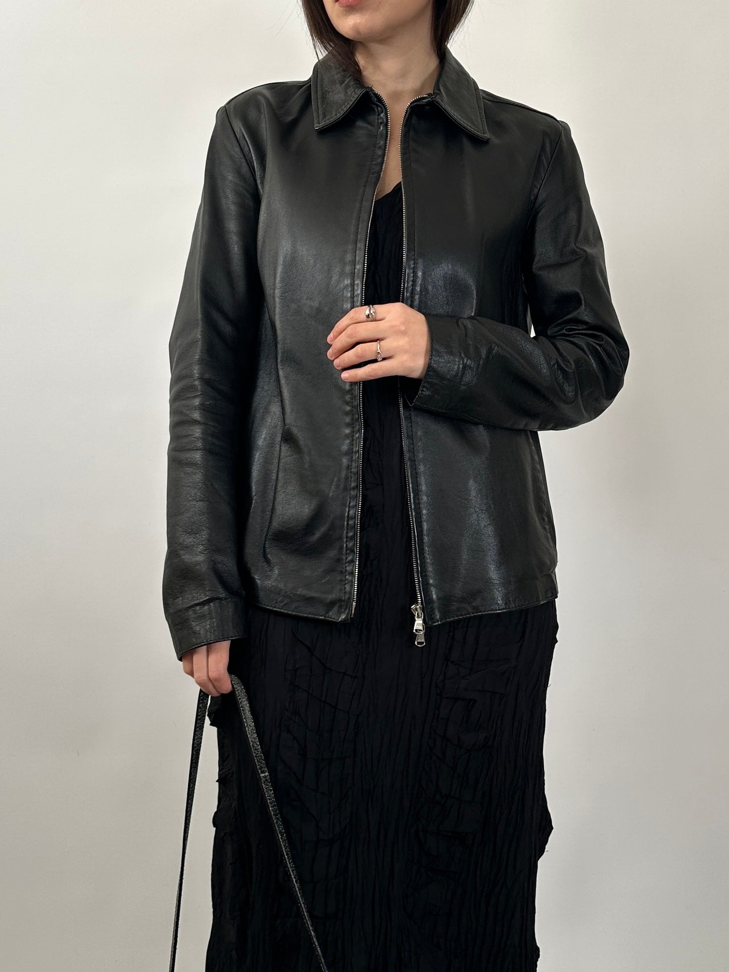 Minimal Black Leather Zip-Up Jacket