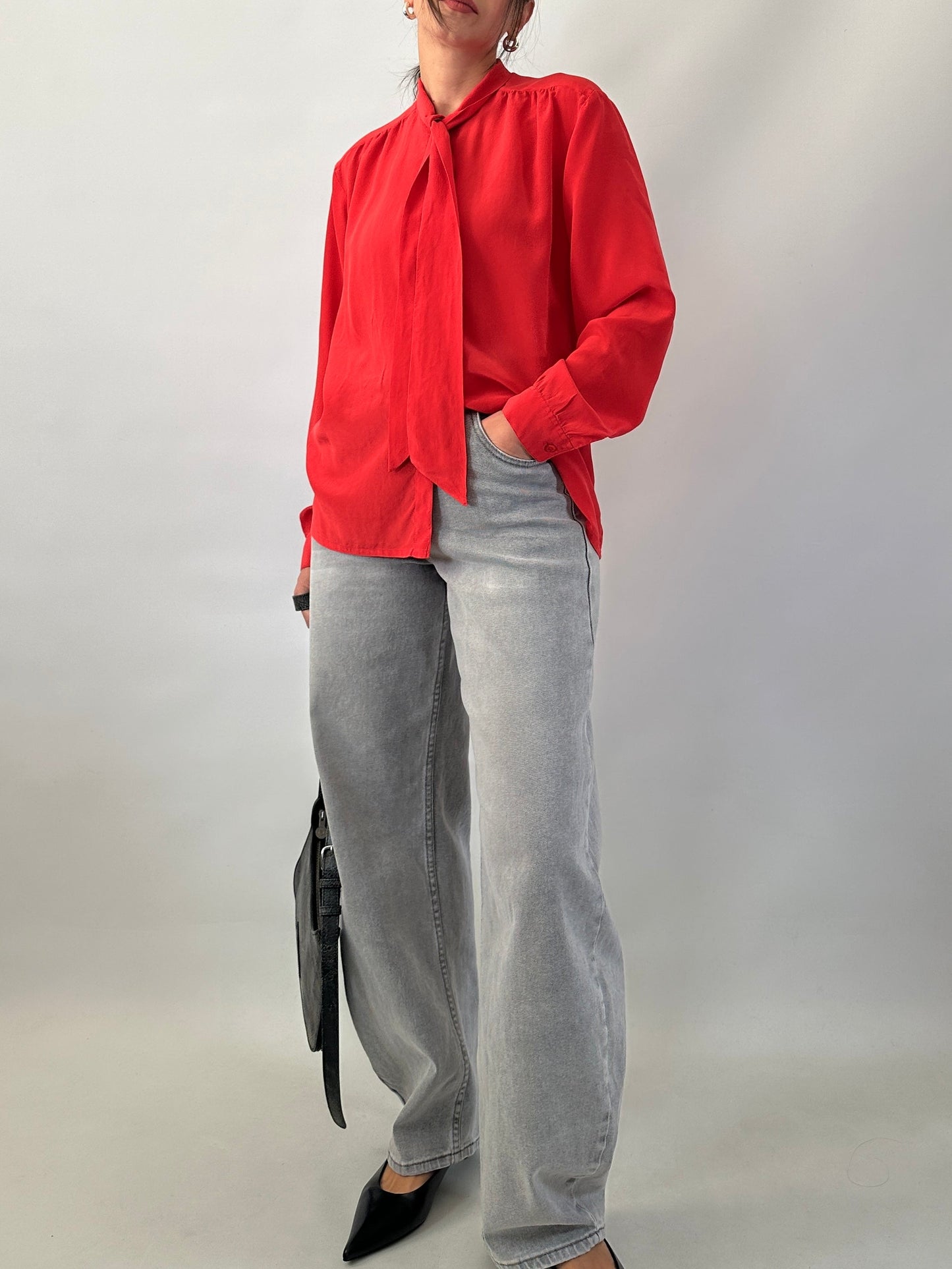 Vintage Red Silk Shirt with Bow