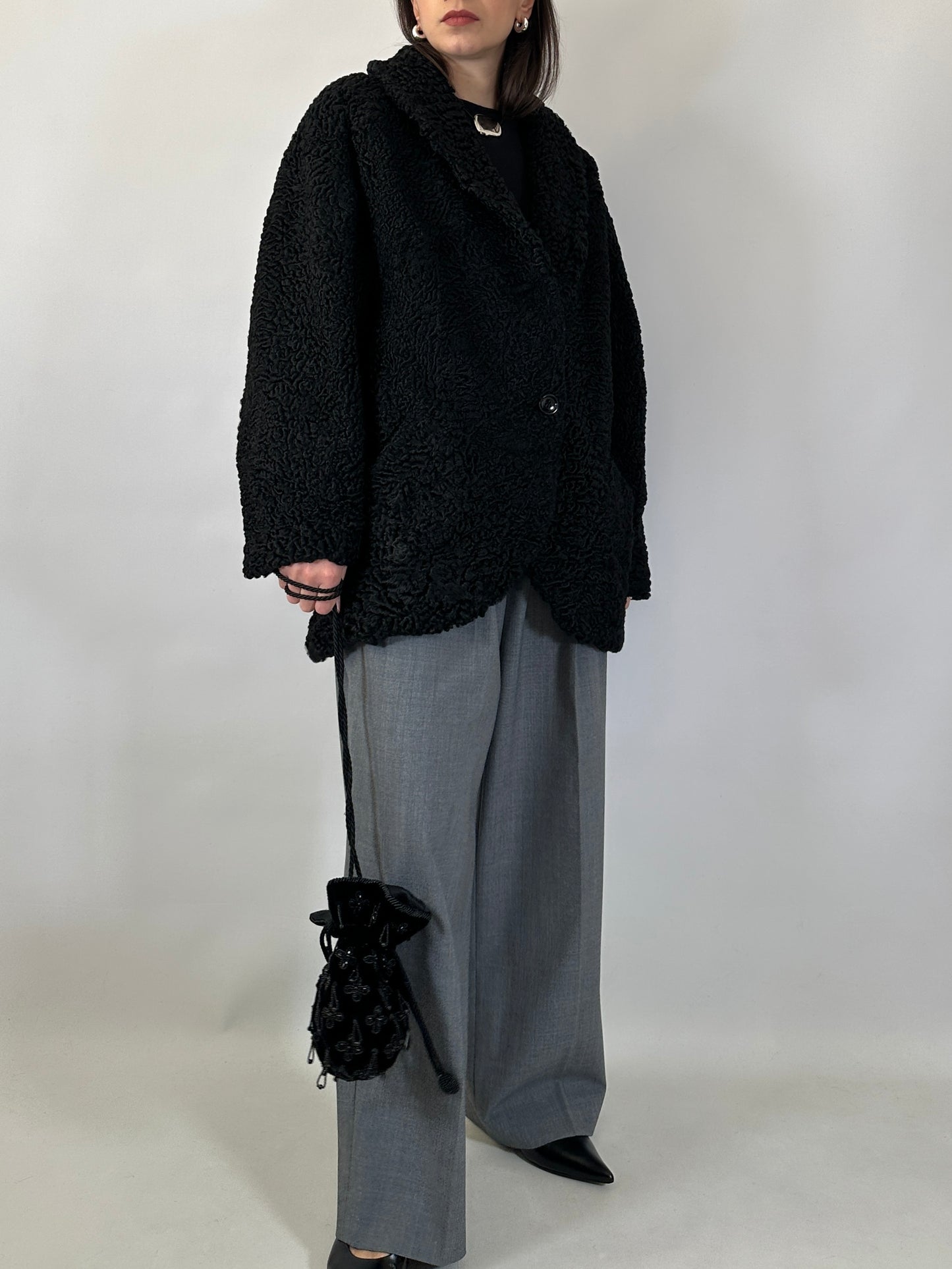 Vintage Black Astrakhan Caban Coat