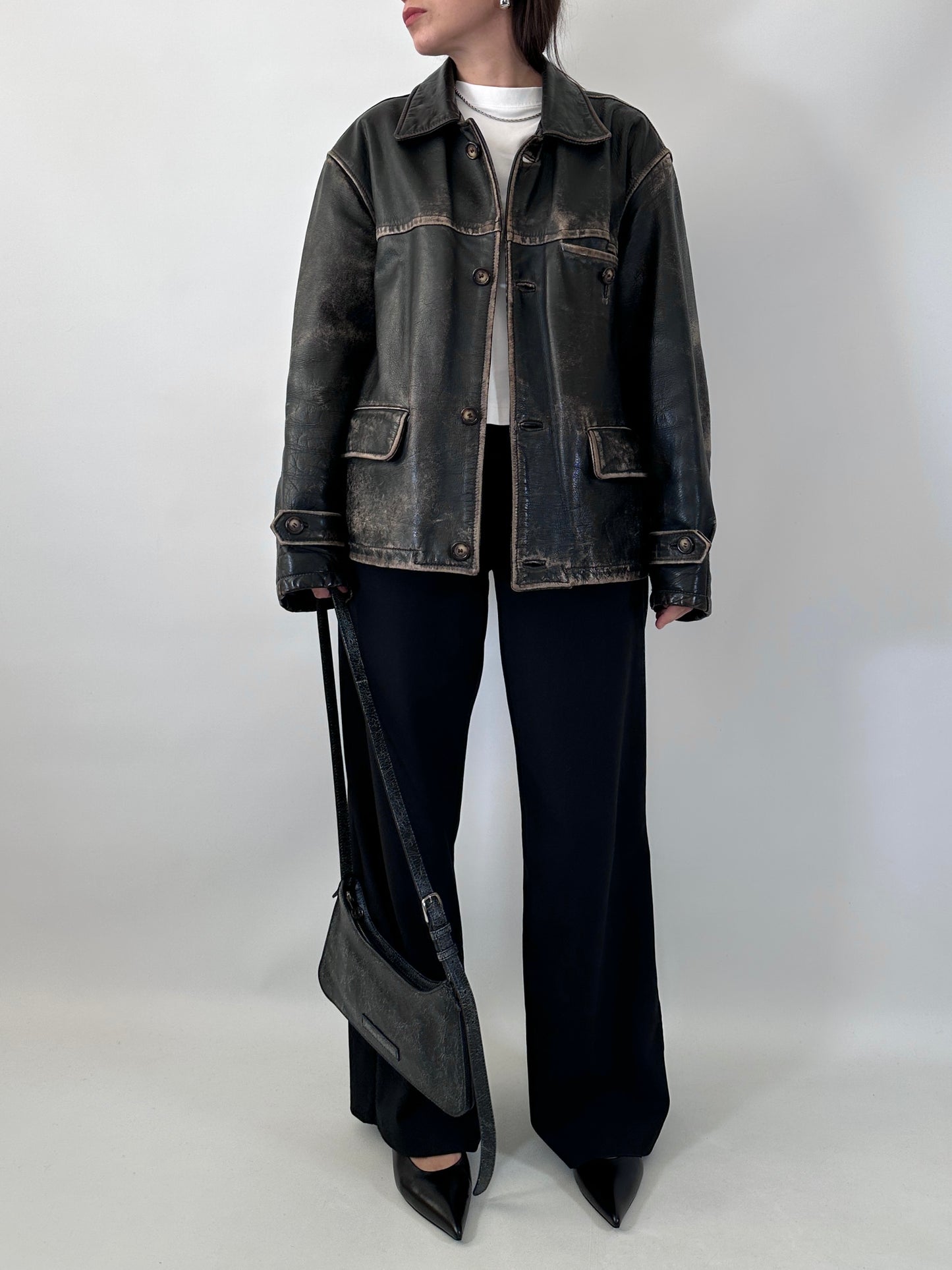 Distressed leather Harrington jacket