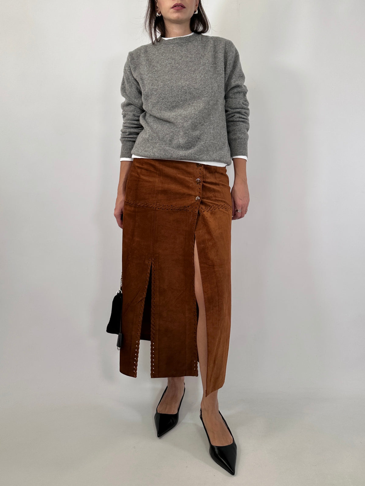 Suede Double Slit Midi Skirt