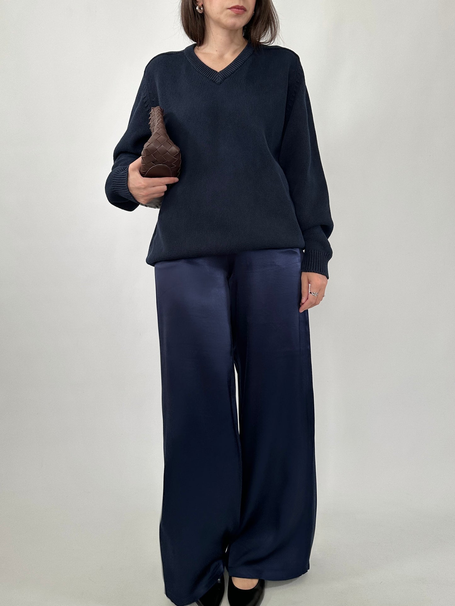 Navy Cotton V-Neck Sweater
