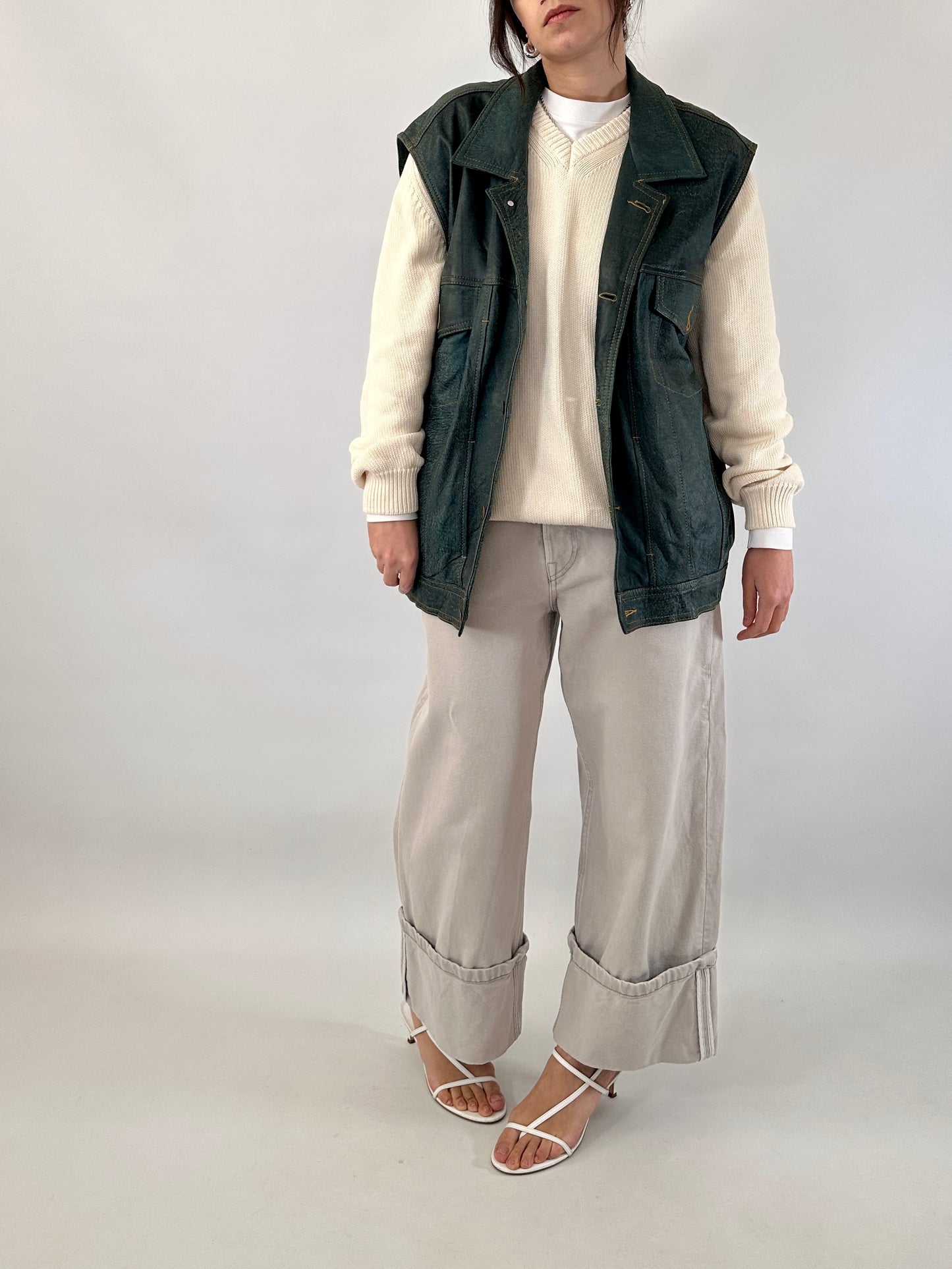 Genuine leather vest denim effect