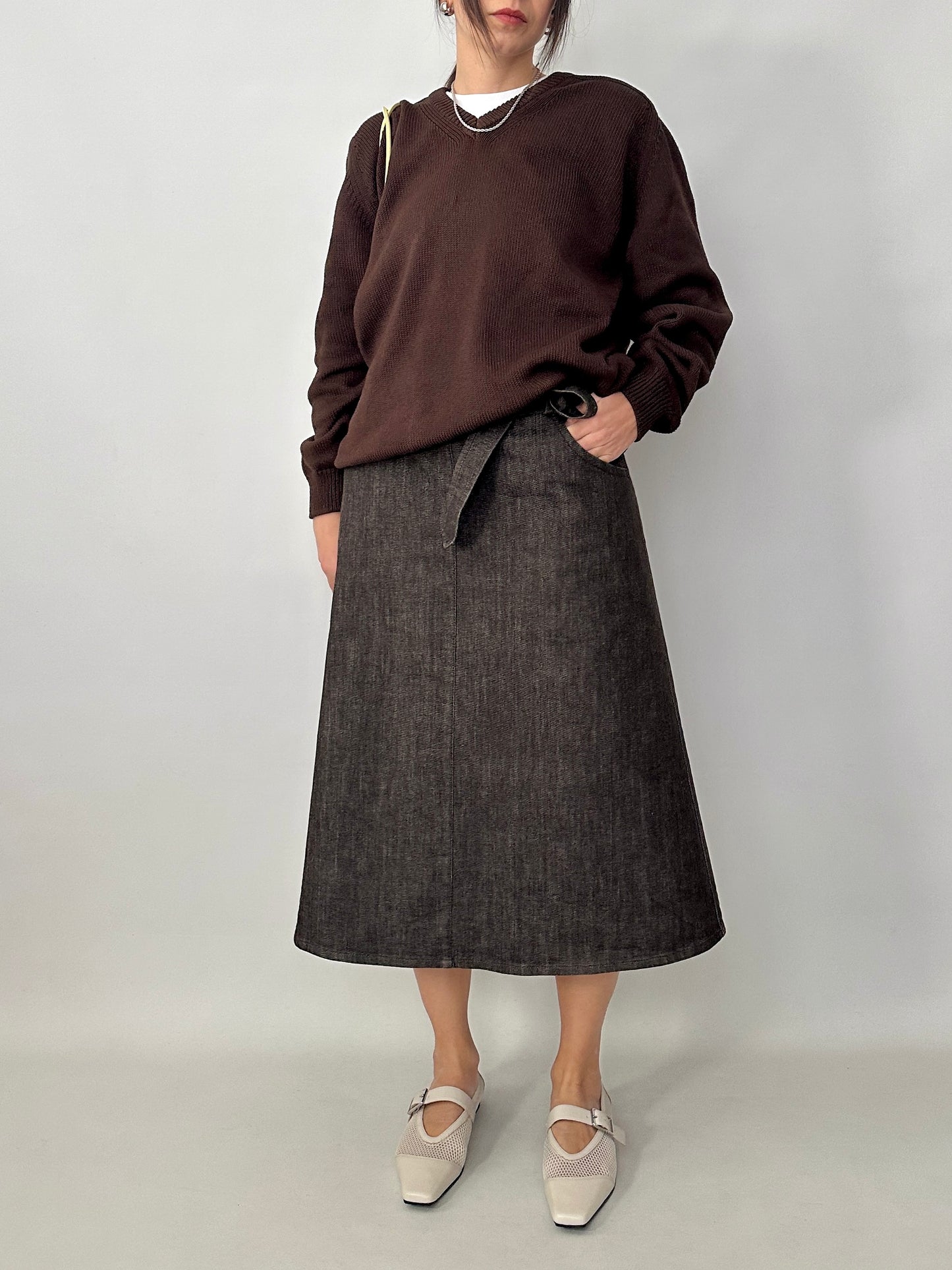 Max Mara chocolate denim wrap skirt