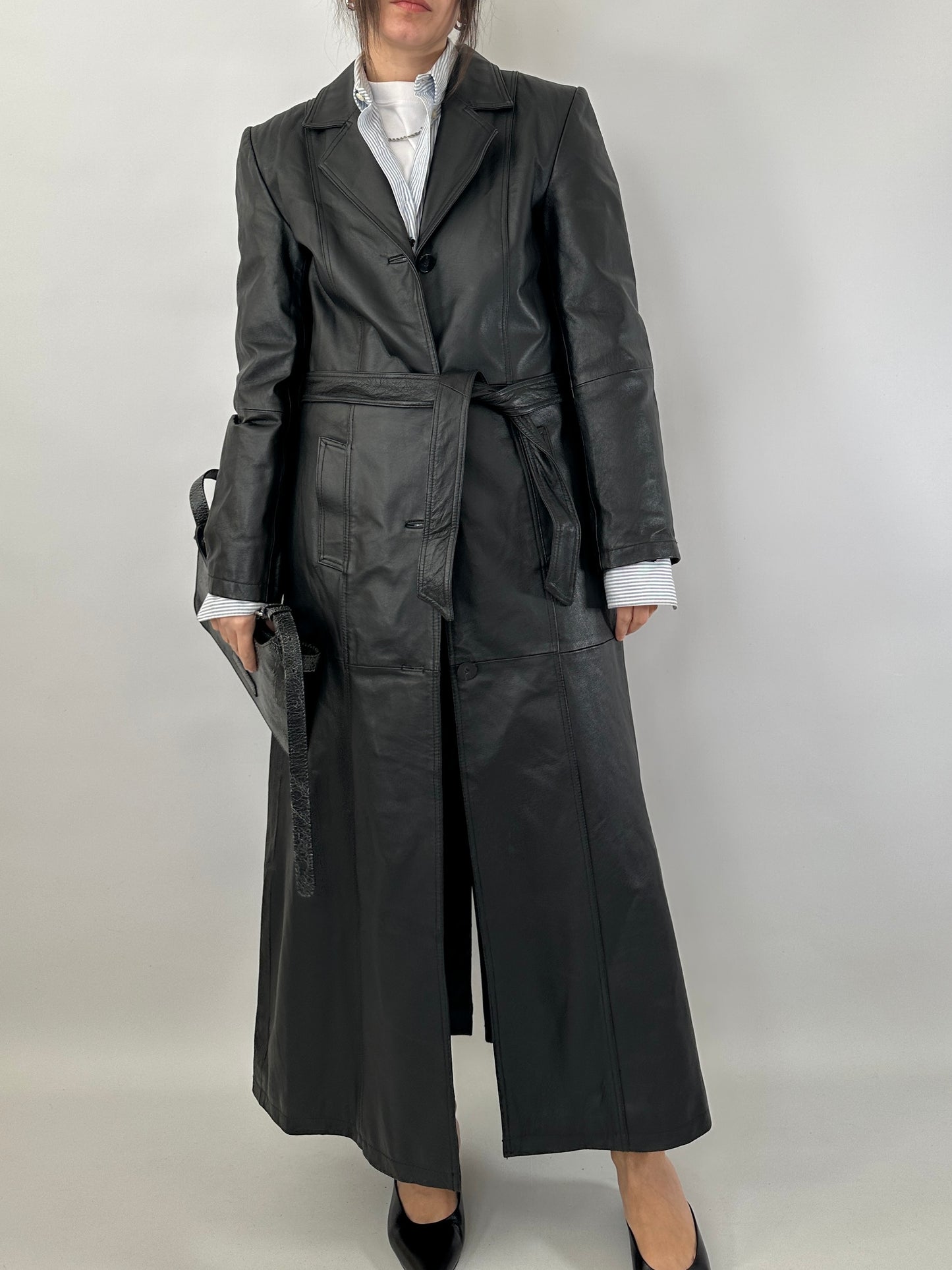 Extra-long real leather trench coat