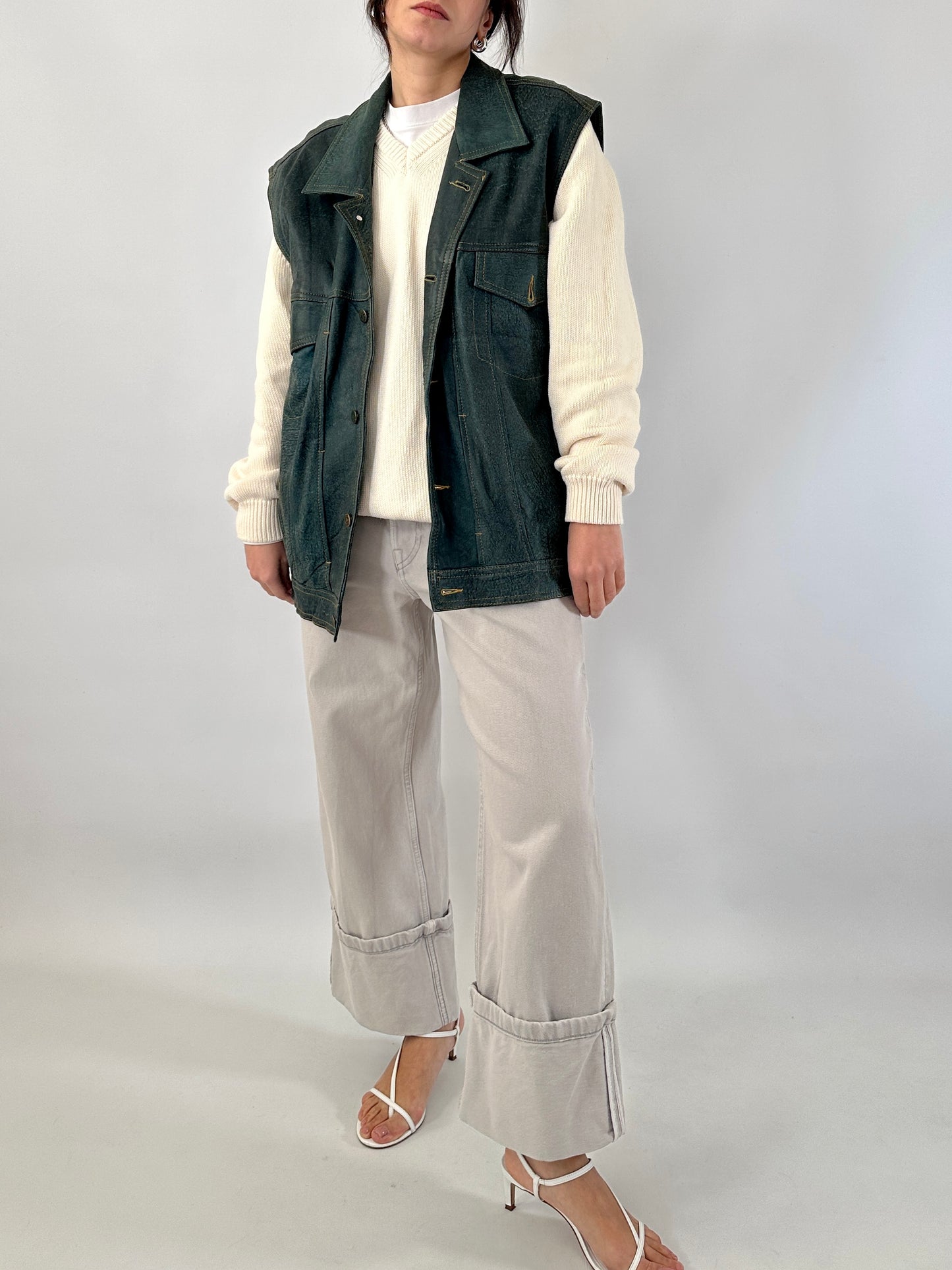 Genuine leather vest denim effect
