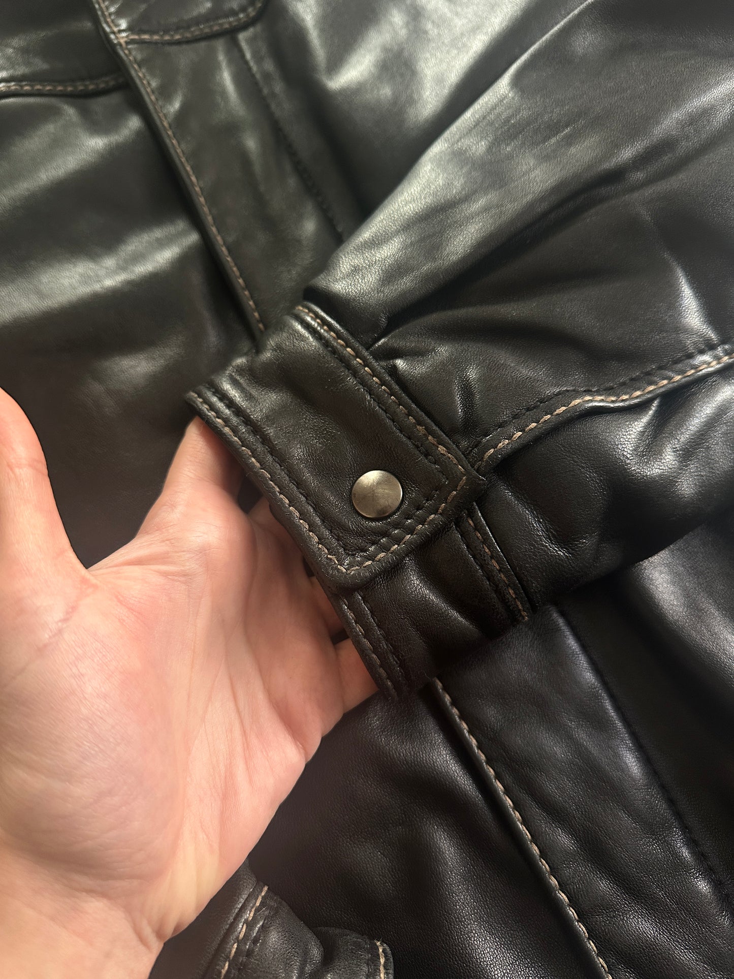 Vintage Leather Jacket with Stand Collar and Contrast Stitching