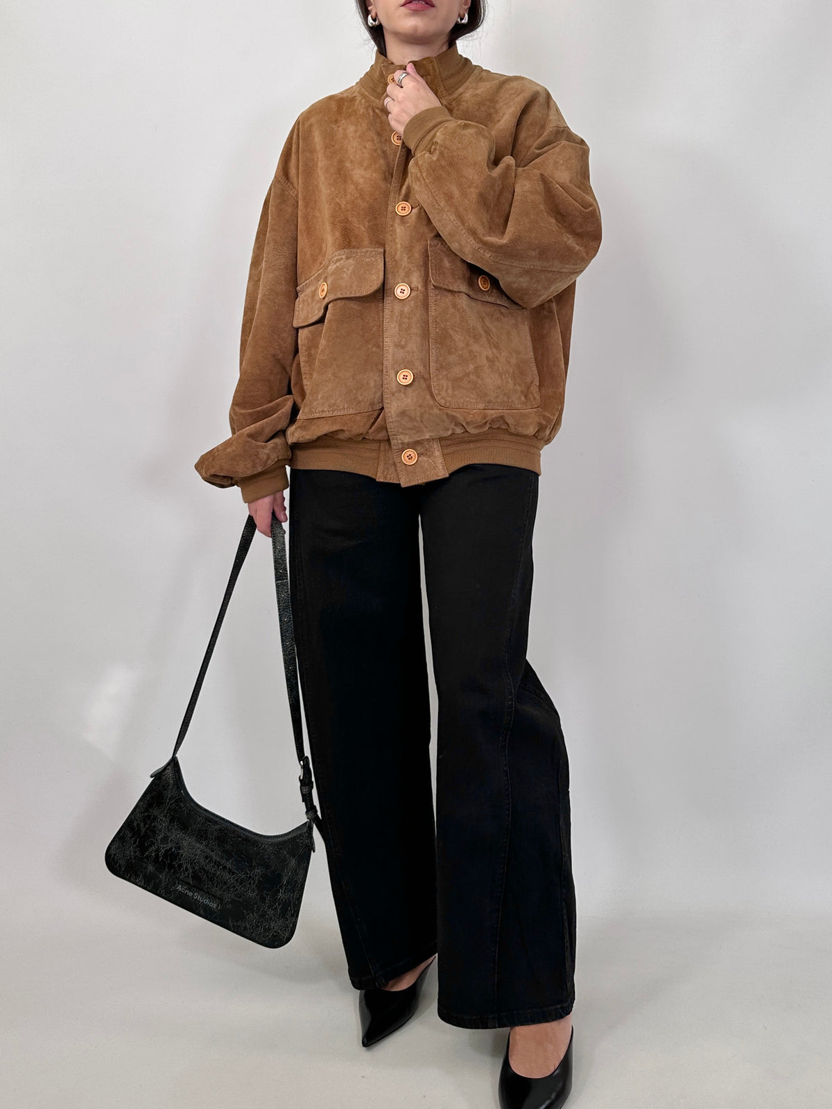 Cognac Suede Bomber Jacket