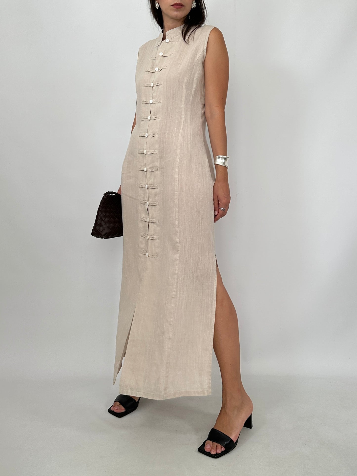 Pure Linen Mandarin Midi Dress