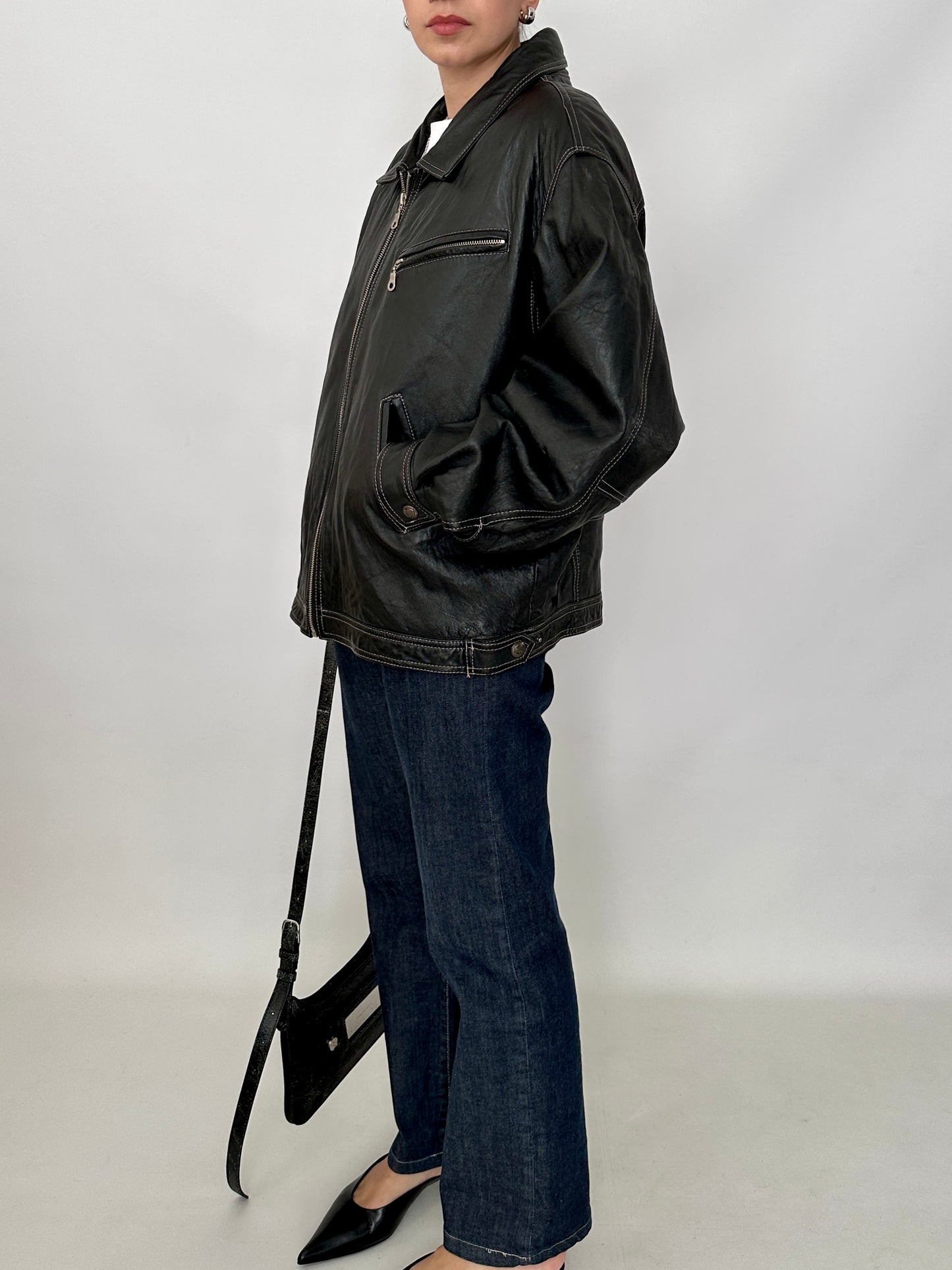 Genuine leather harrington jacket with contrast stitching