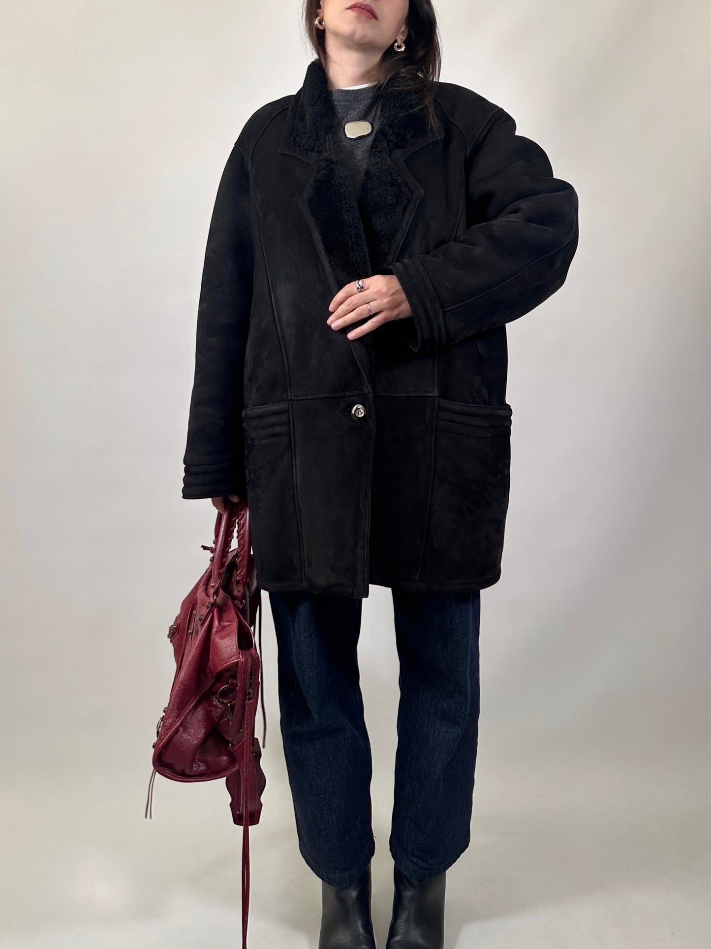 Black Suede Shearling Coat