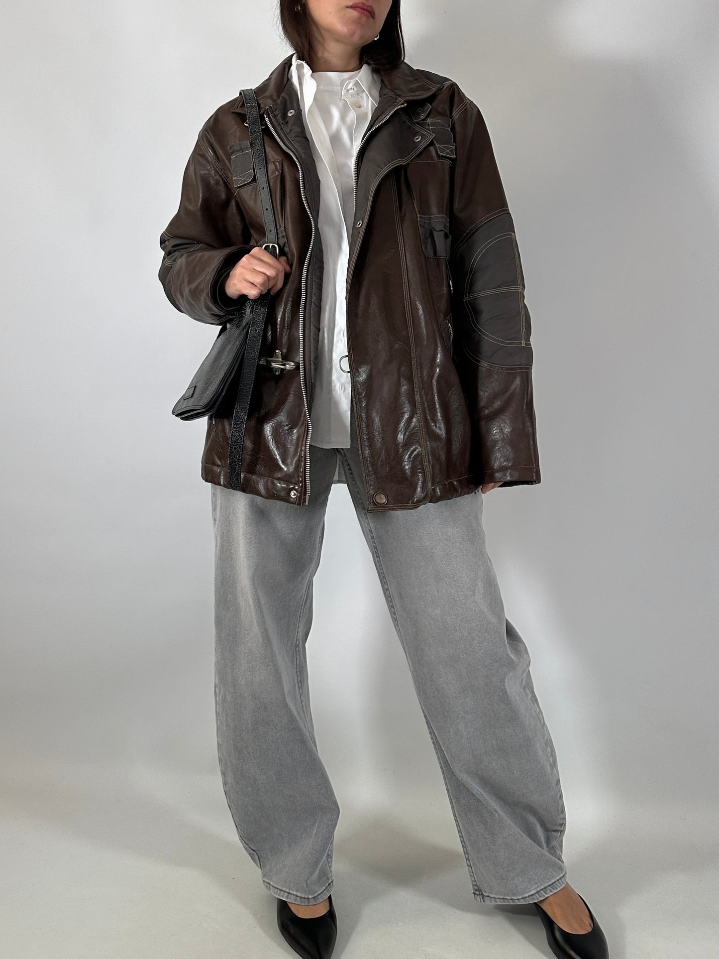 Vintage utility leather and nylon jacket